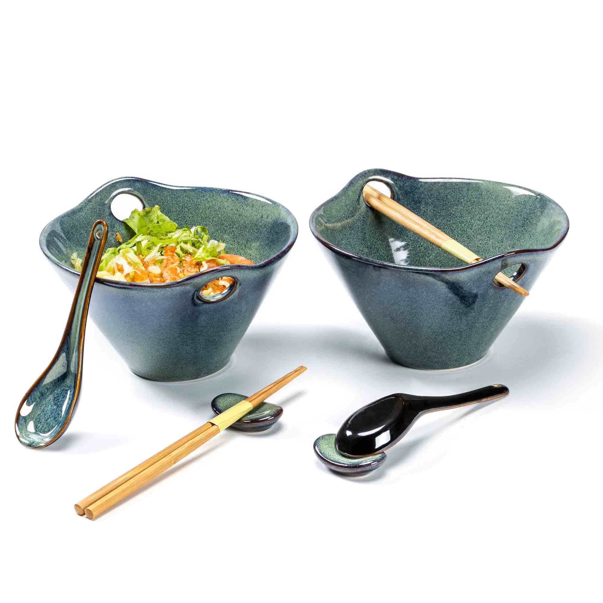 Henten 26oz Ceramic Ramen Bowls Set of 2 - Microwave Safe Japanese Noodle Bowls for Udon & Soup (Green)
