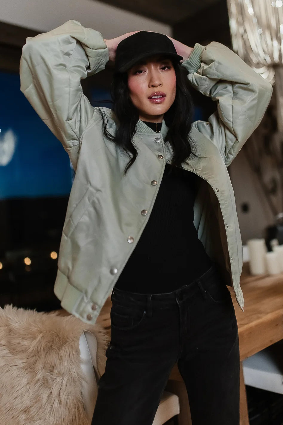 Madilyn Women's Sage Green Bomber Jacket | Lightweight Casual Outerwear for Spring & Fall | Perfect for Streetwear, Travel & Everyday Fashion