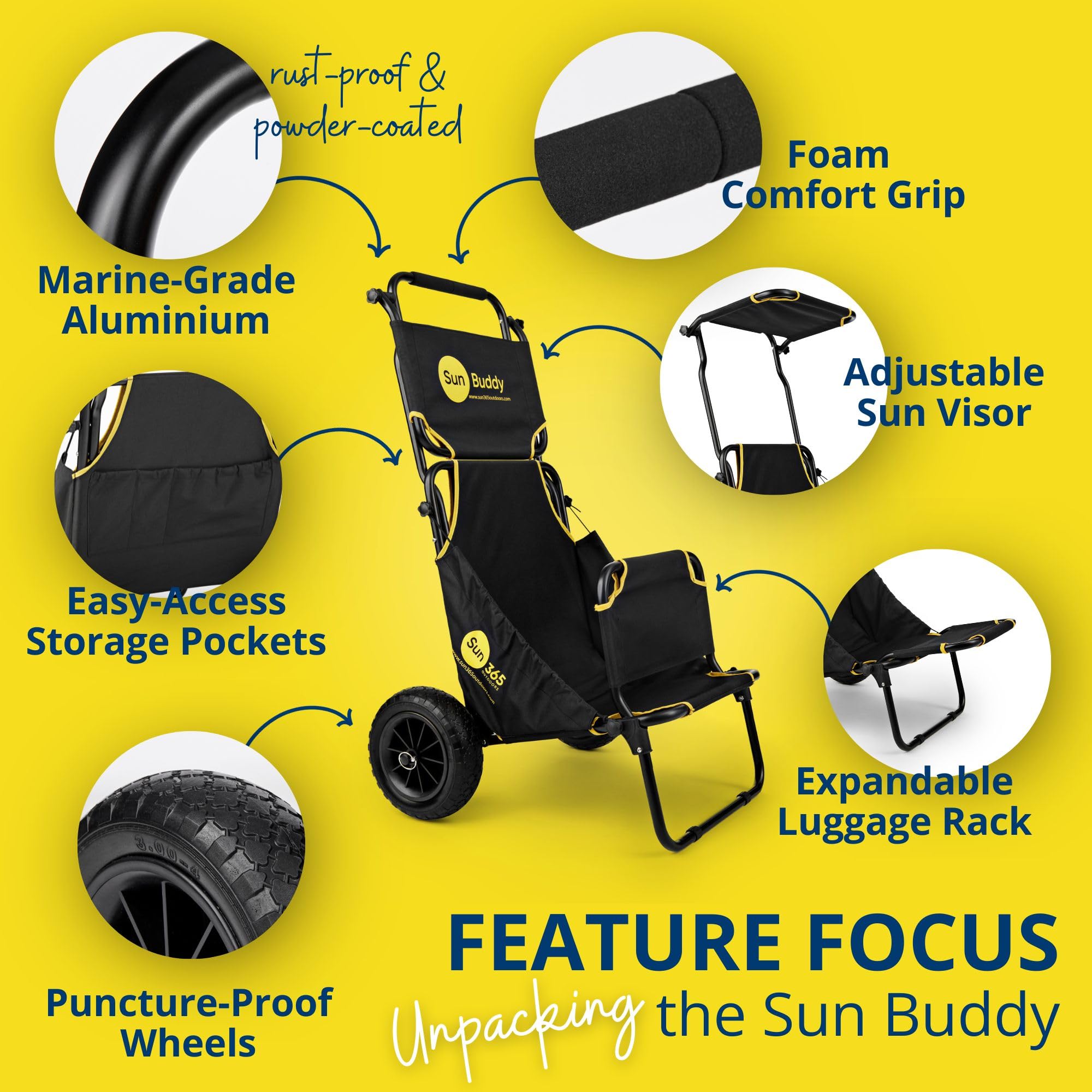 Foldable Beach Fishing Trolley Cart with Chair - All Terrain Balloon Wheels, Sun Canopy & Cargo Net - 200 lbs Capacity for Picnics, Camping, Fishing & Outdoor Adventures