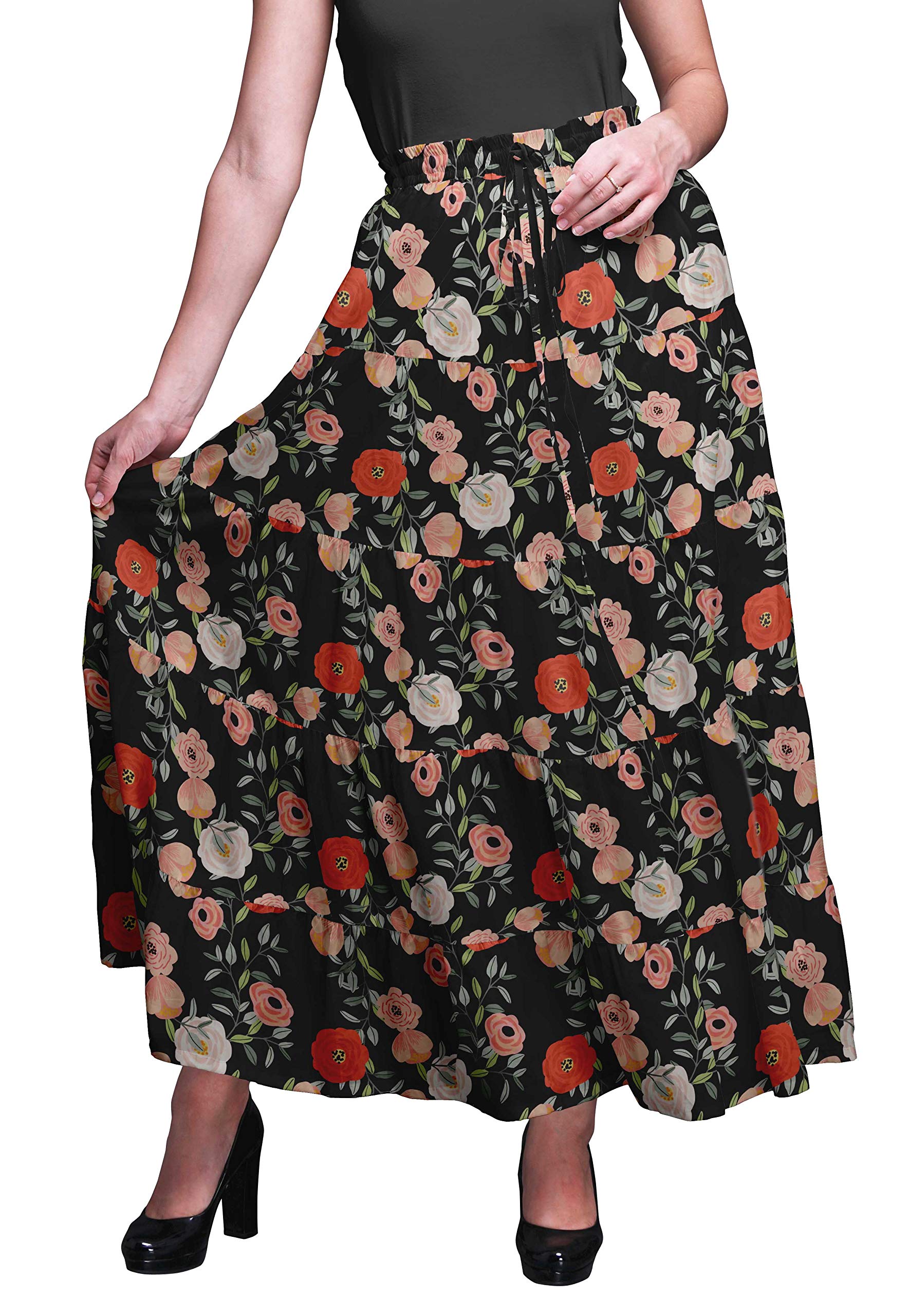 Bimba Women's Printed Long 5-Tier Cotton Skirt - Boho Style Maxi Skirt for Casual Wear, Beach Vacation & Summer Outfits