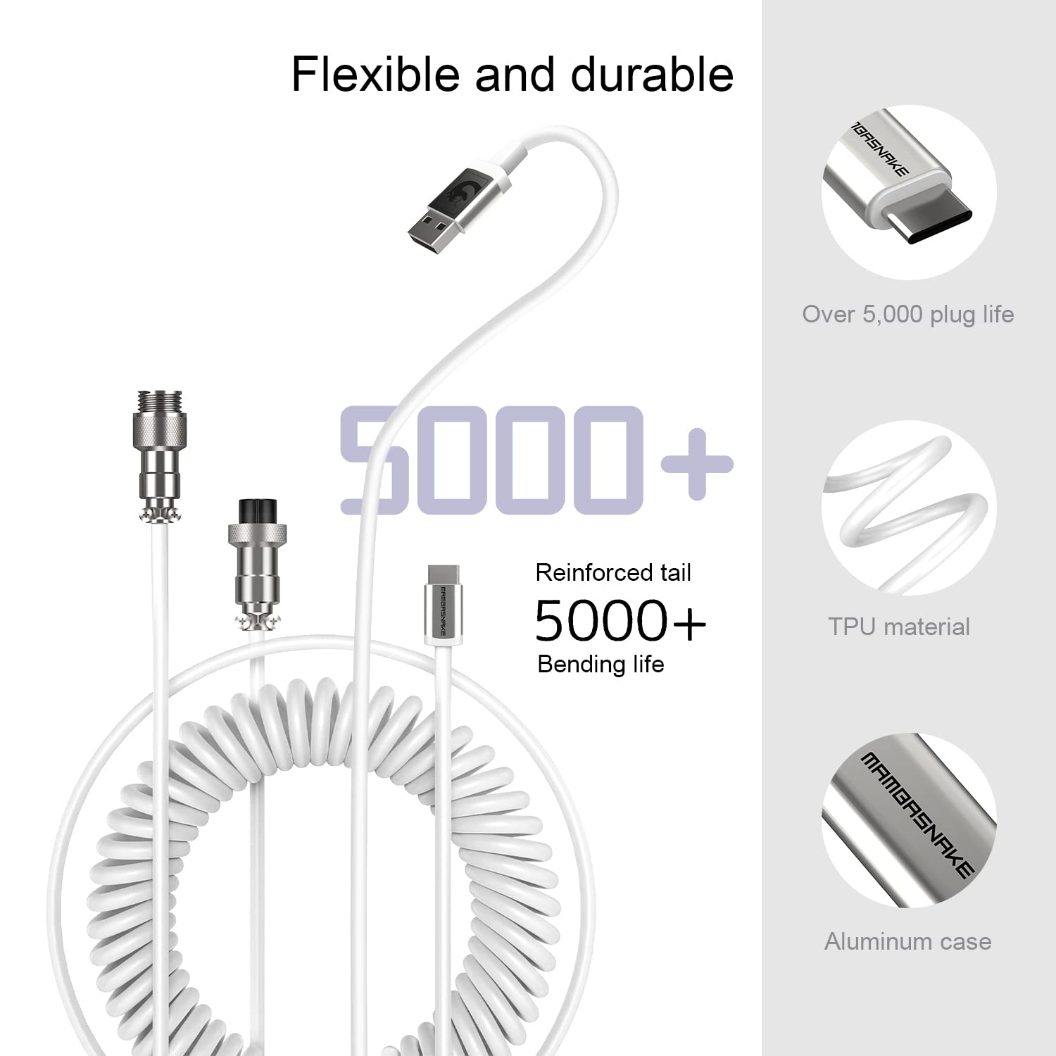 Custom Coiled USB C to A Cable with Detachable Extendable Double Sleeve - Silver Spiral Aviator Cable for PS4 PS5 Xbox Keyboard USB Flash Drive Printer (White) | Perfect for Gaming Setup & Office Accessories