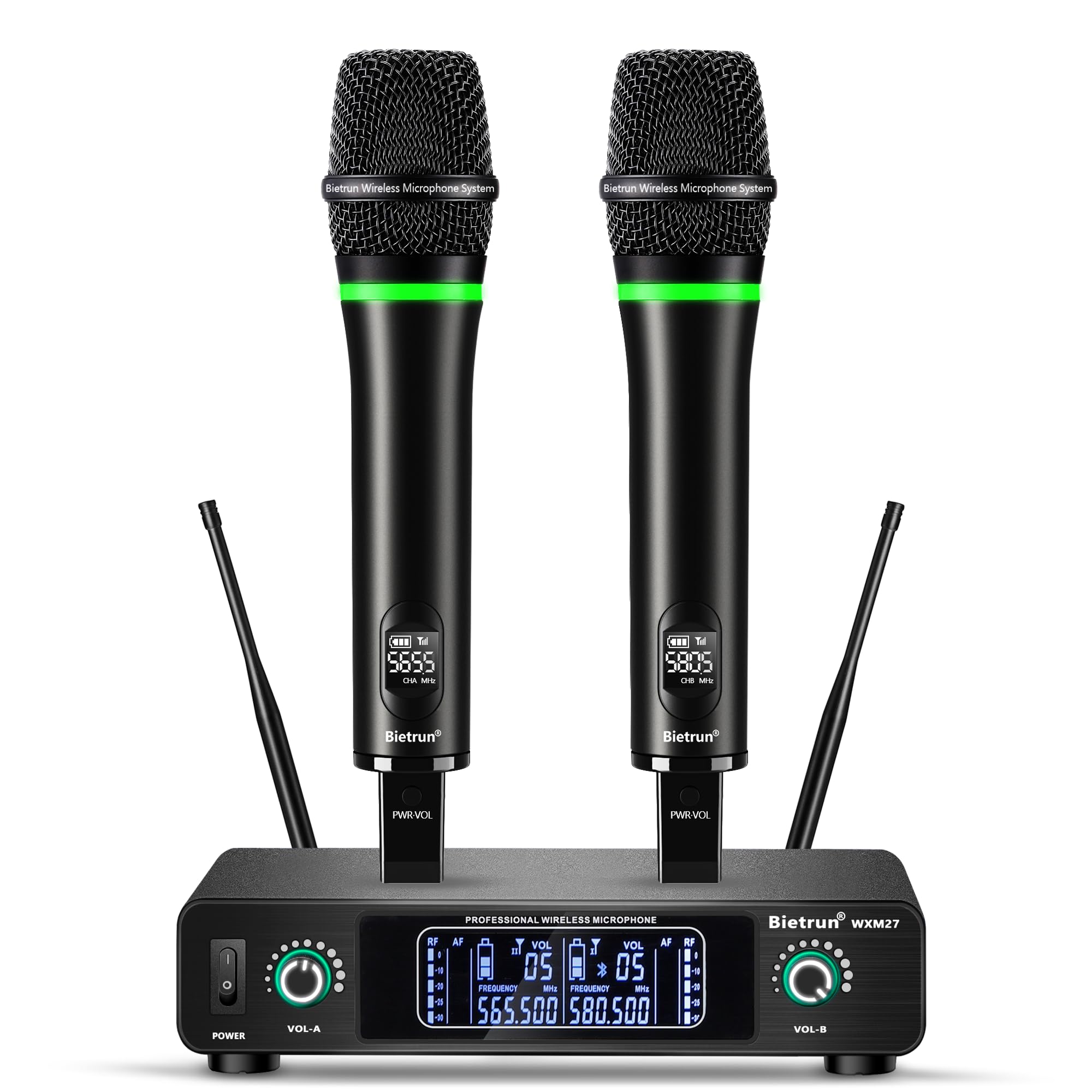 Bietrun Wireless Microphone System - Rechargeable Metal Dual UHF Cordless Dynamic Handheld Mic with 240ft Range & Bluetooth Receiver for Karaoke, DJ, Wedding, Church, Party, Meeting - Perfect for Home Entertainment & Professional Events