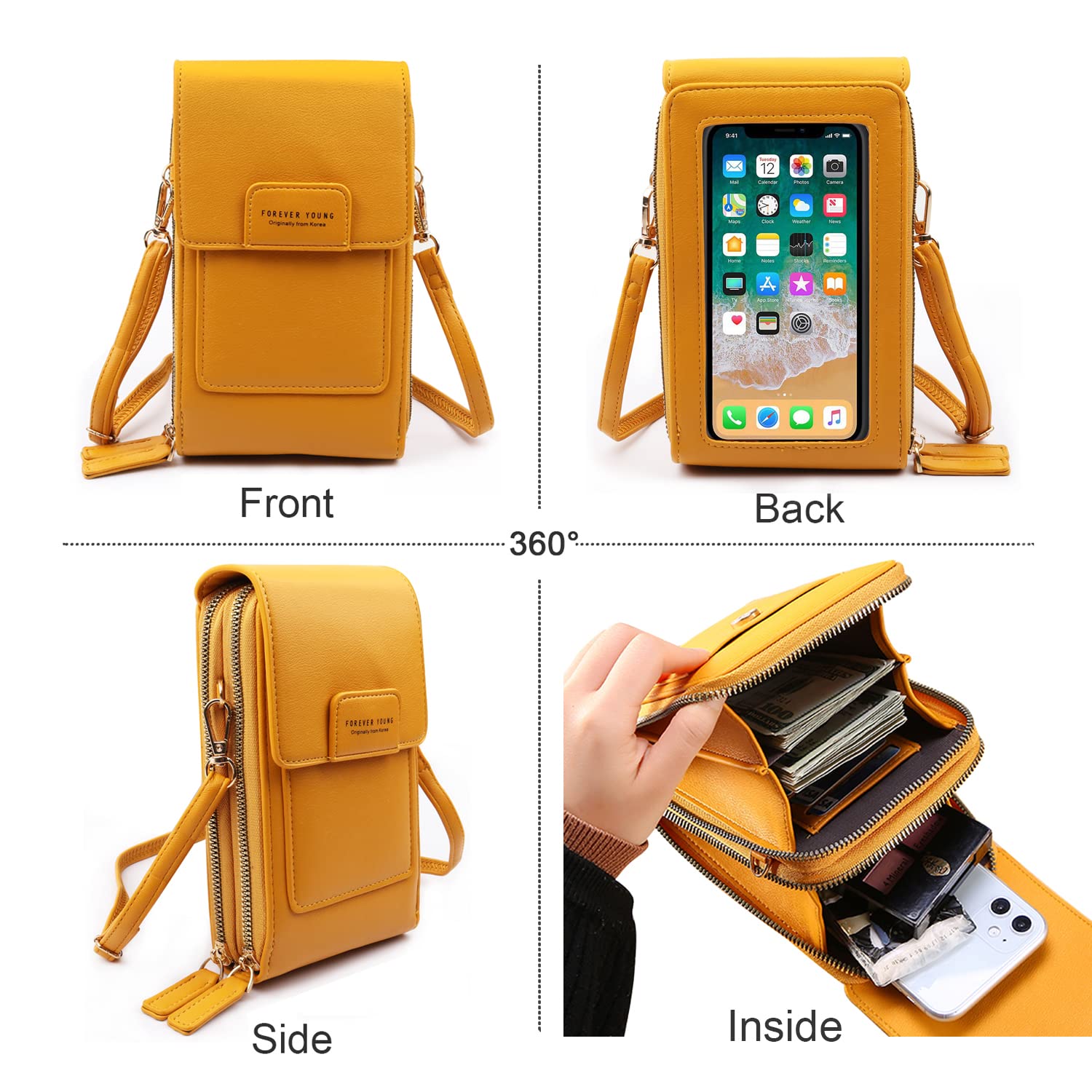 HUASUN Women's PU Leather Wallet with Touch Screen Window & Adjustable Shoulder Strap - Crossbody Phone Pouch for iPhone, Cards & Cash - Perfect for Shopping, Travel & Daily Use