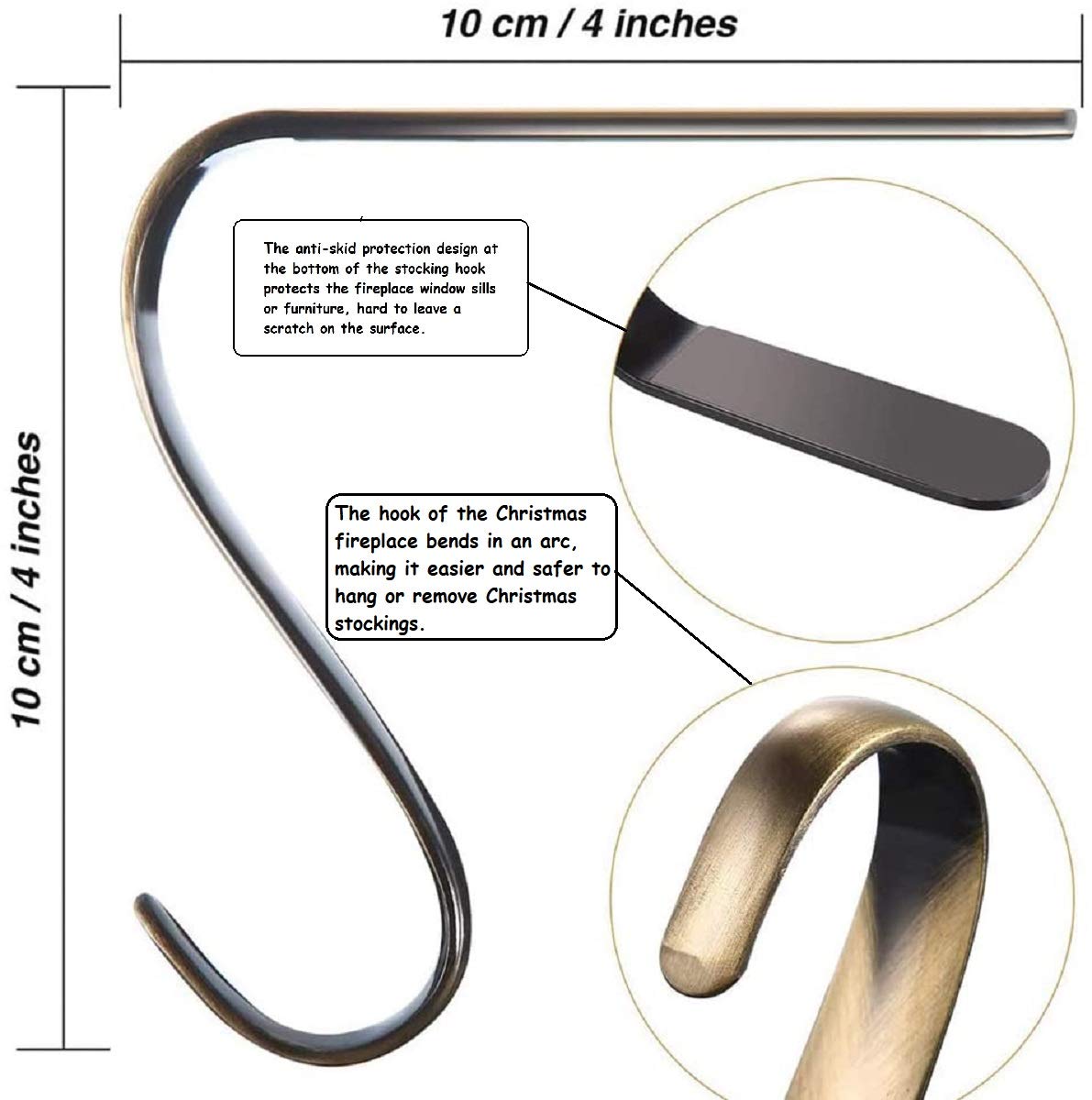 4 Pack Christmas Stocking Holders - Bronze Metal Mantel Hangers with Non-Slip Design for Fireplace, Holiday Decorations - Perfect for Christmas Party, Home Decor & Festive Fireplace Stocking Display
