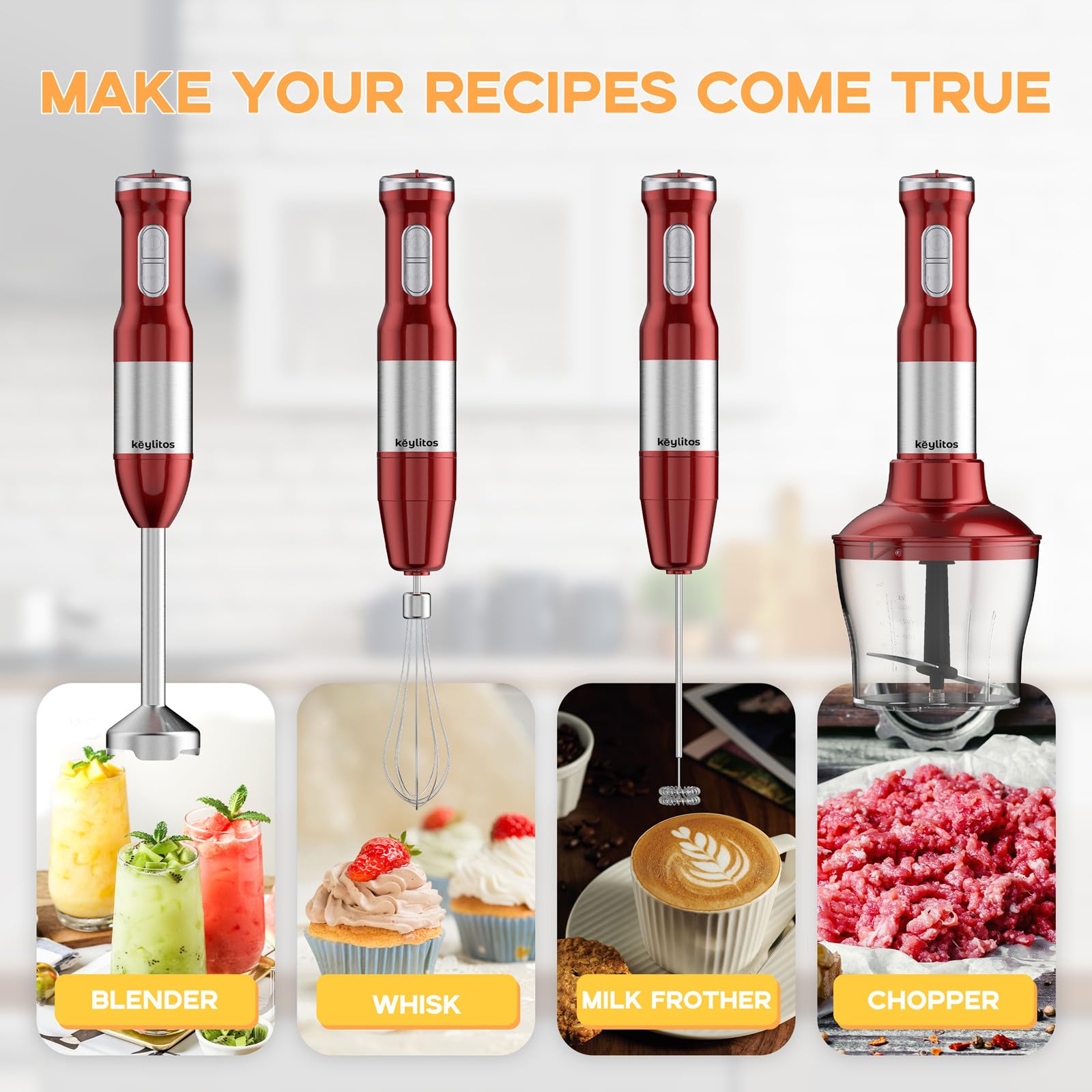 Keylitos 5-in-1 Immersion Hand Blender Mixer - 1000W Powerful Stick Blender with 600ML Food Chopper, 800ML Mixing Beaker, Whisk & Milk Frother - Perfect for Smoothies, Baby Food, Sauces, Purees & Soups - Ideal for Kitchen, Home Cooking & Meal Prep (Red)