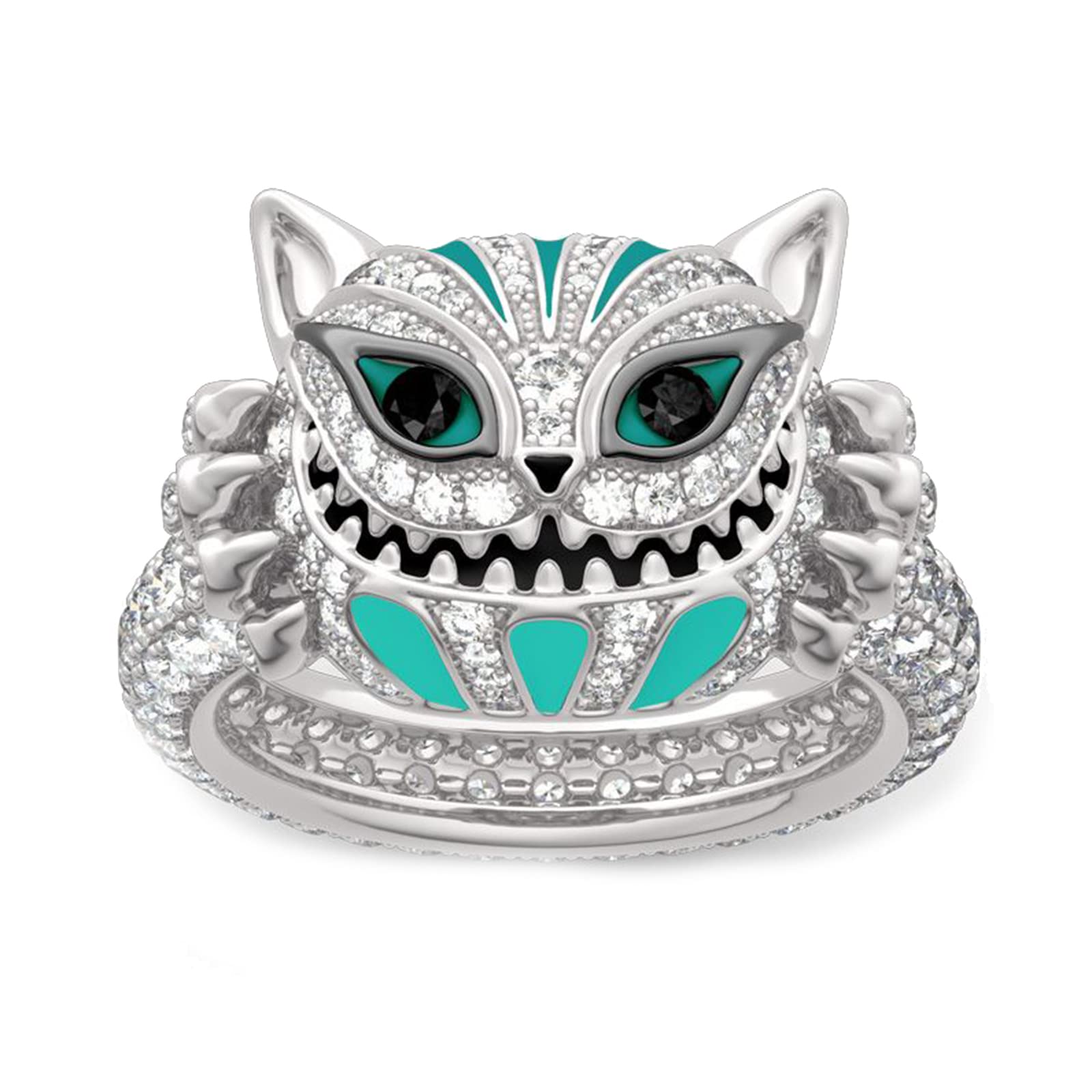 Jeulia 4.08 Carat Sterling Silver Enamel Cheshire Cat Ring for Women - Handmade White Diamond Animal Jewelry, Bridal Set for Wedding, Engagement & Anniversary Gifts - Perfect for Disney Fans, Cosplay & Unique Fashion Statements