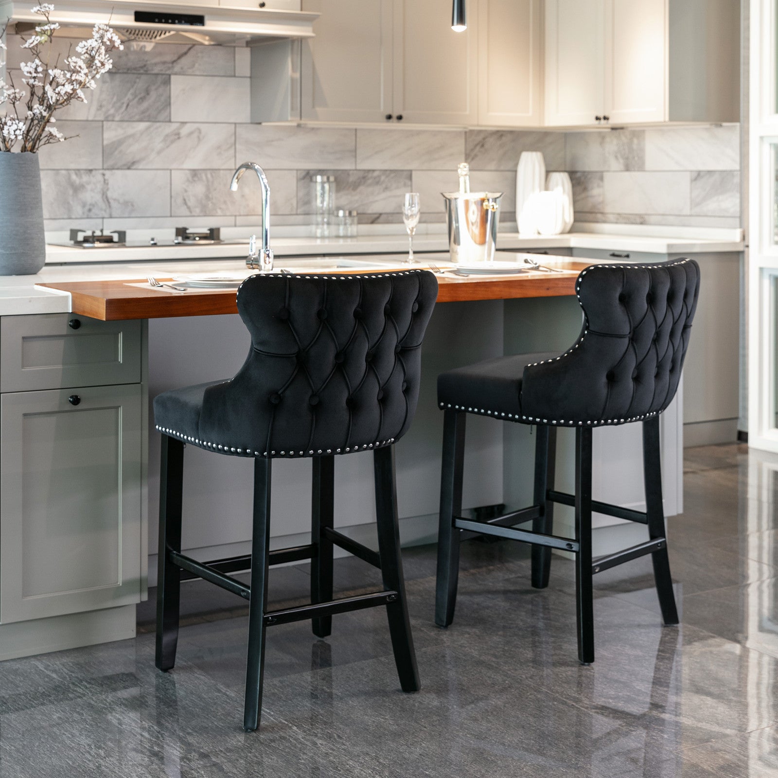 Modern Velvet Upholstered Wingback Bar Stools with Button Tufting & Wooden Legs - Set of 4 Black Bar Chairs with Chrome Nailhead Trim for Kitchen Island, Home Bar & Dining Room Decor - SW1824BK