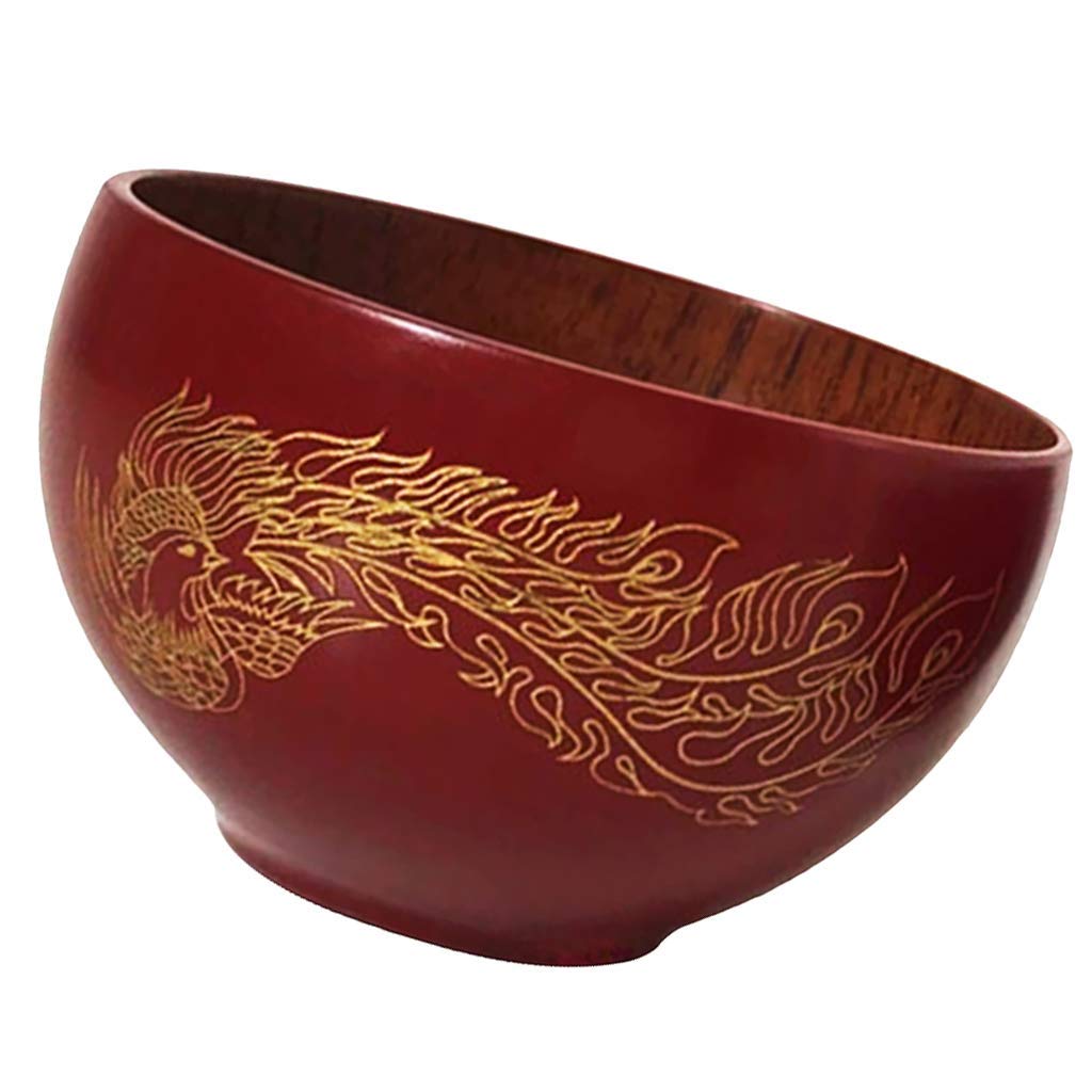 Handmade Wooden Red Serving Bowl - Salad, Fruit, Rice, Soup, Noodles, Cereal & Snacks Bowl - Phoenix & Rot Design - Perfect for Kitchen, Dining, Party & Gift Giving
