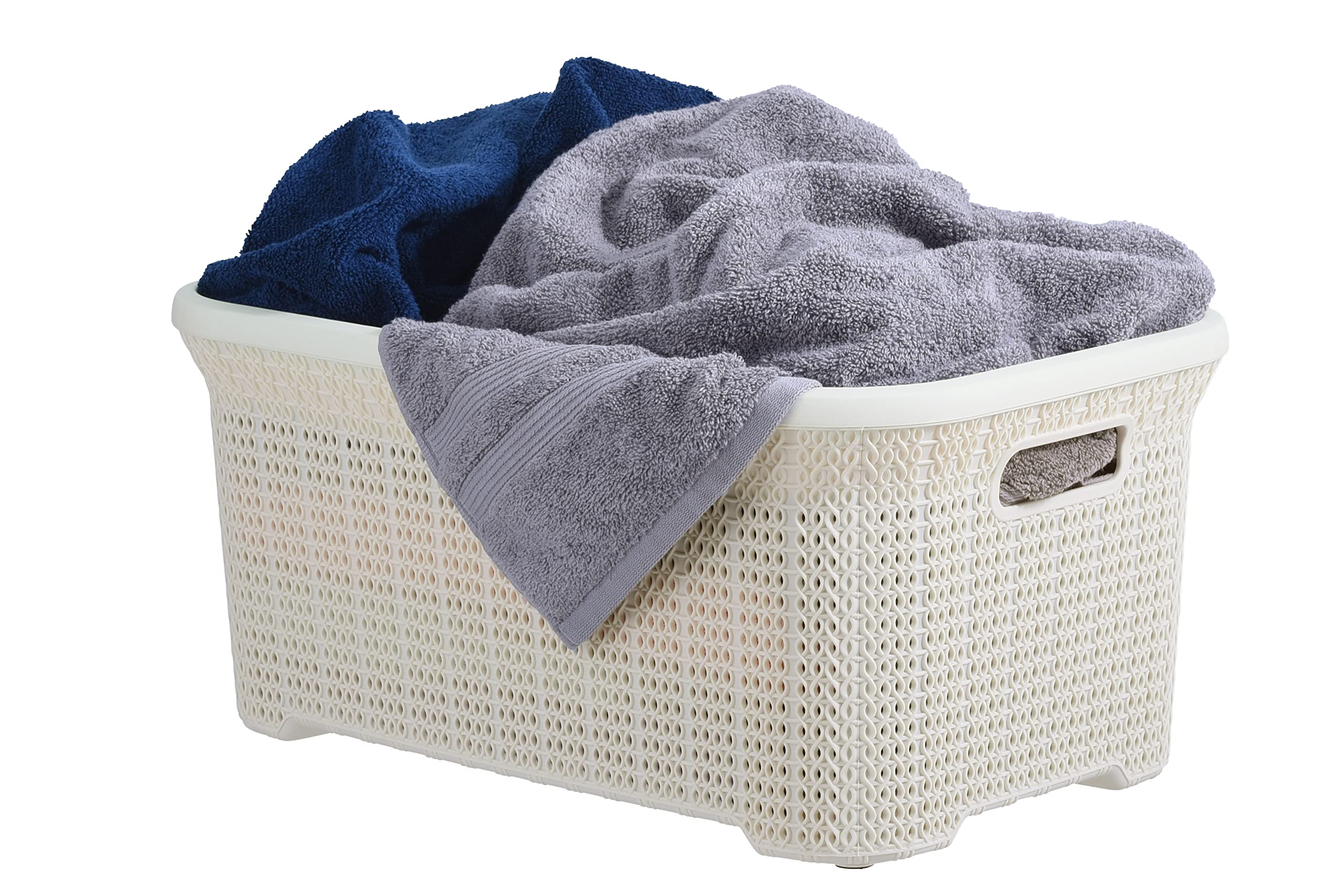 Plastic Laundry Basket with Cut-Out Handles - 40L Small Storage Hamper for Clothes Organization | Space-Saving Cream Knit Design for Laundry Room, Bedroom & Bathroom | Perfect for College Dorms, Apartments and Small Spaces