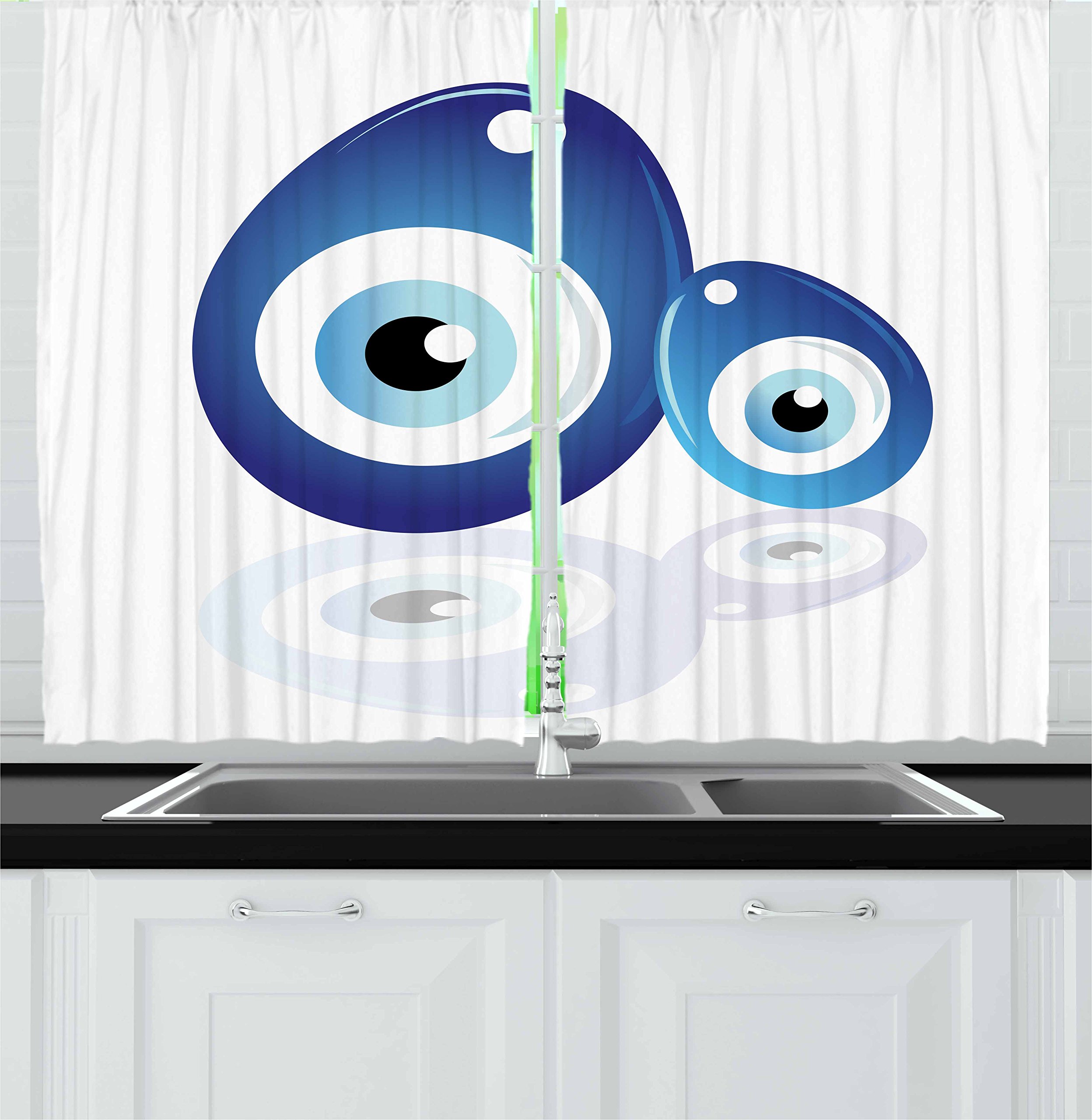 Lunarable Evil Eye Kitchen Curtains Set of 2 Panels - Turkish Cultural Motif Design for Bad Luck Protection - 55 x 39 Inch Cobalt Blue Black Pale Blue Window Drapes - Perfect for Kitchen, Cafe, Restaurant & Boho Home Decor