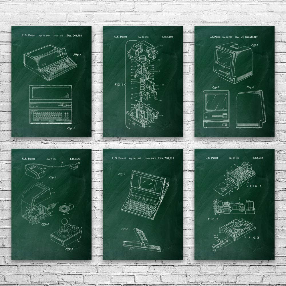 Computer Patent Posters Set of 6 - Vintage Tech Wall Art for Programmers & IT Professionals - 16x20 Inch Green Chalkboard Style Prints - Perfect for Office Decor, Geek Gifts & Computer Science Classroom