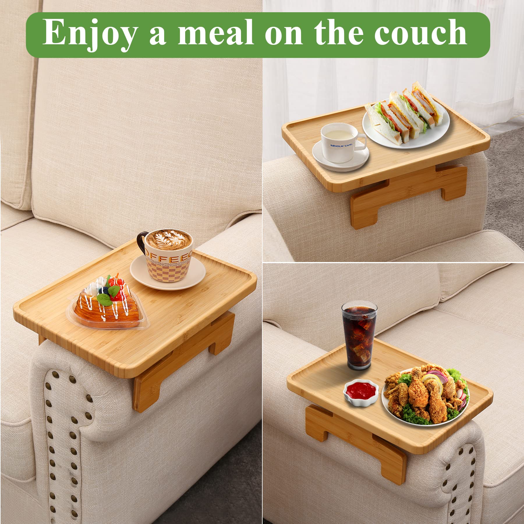 Bamboo Clip-On Couch Arm Tray Table - Portable Sofa Armrest Tray for Drinks, Food & Dining - Perfect for Small Spaces, Living Room, Bedroom & Home Theater Use