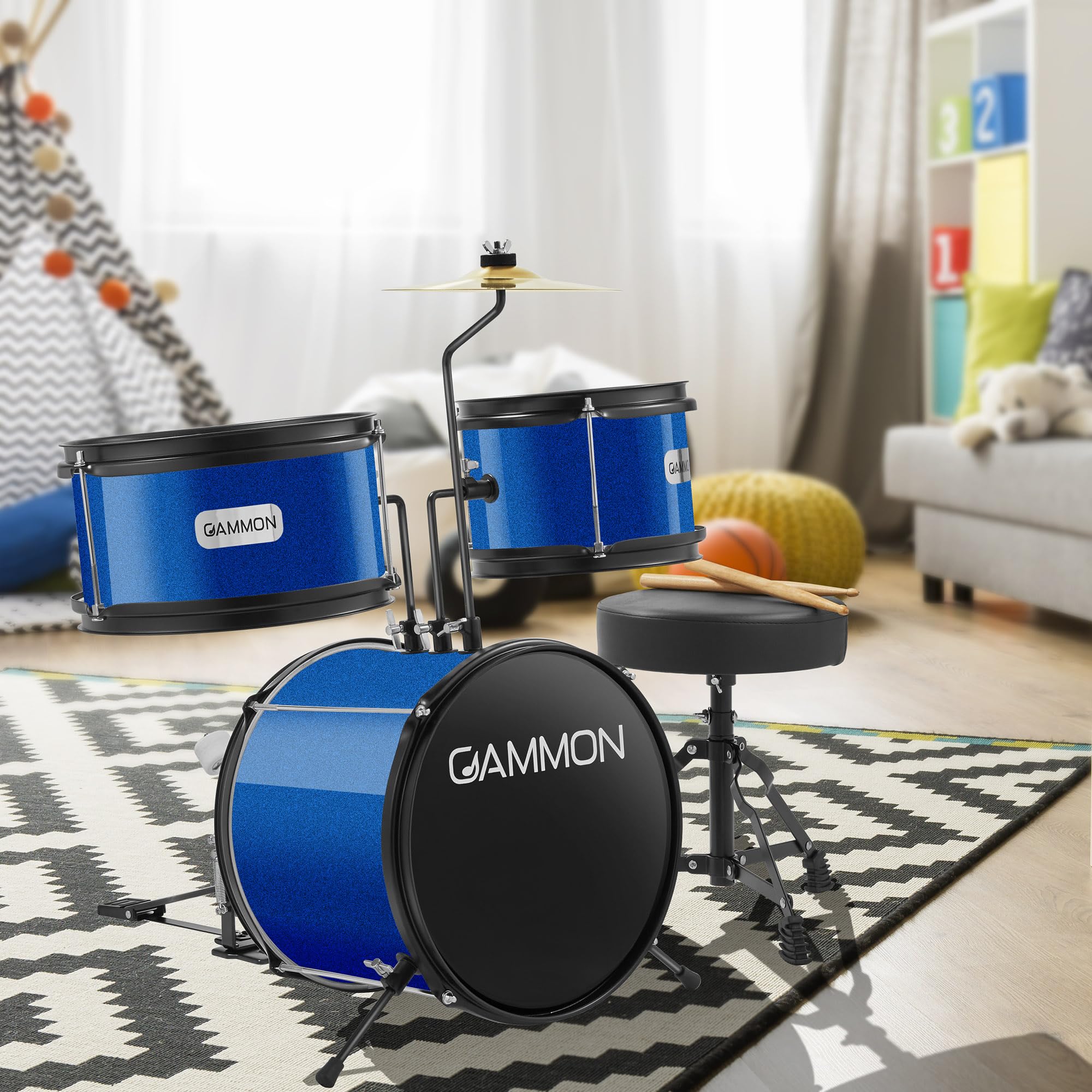 Gammon 3-Piece Junior Drum Set with Throne - Blue, Complete Beginner Drum Kit with Bass Drum, Toms, Cymbal, Pedal & Drumsticks | Perfect for Kids & Teens Learning to Play | Home Practice & Music Classroom Use