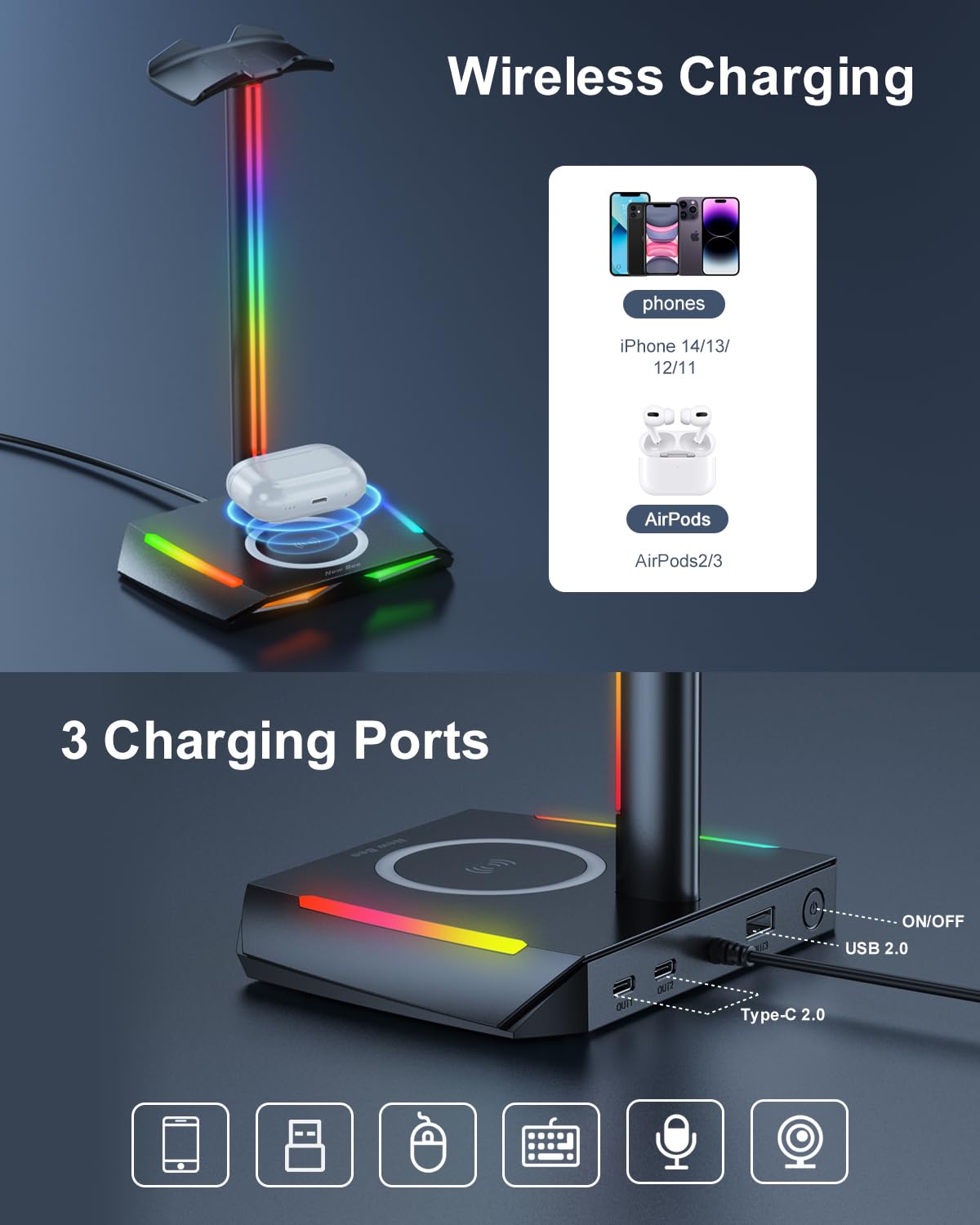 Premium RGB Gaming Headphone Stand with 2 USB-C & 1 USB Ports - 7 Color LED Light Modes, Non-Slip Rubber Base - Perfect for Gaming Setup, Home Office & Streaming Station Accessories