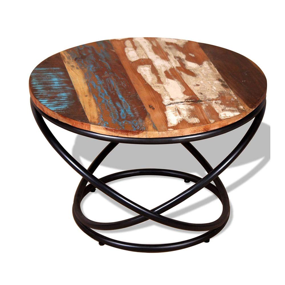 Vintage Industrial Round Coffee Table - Solid Wood Painted Top with Black Wrought Iron Base for Living Room, Balcony or Sofa Side Table - Perfect for Home Decor & Small Space Furniture