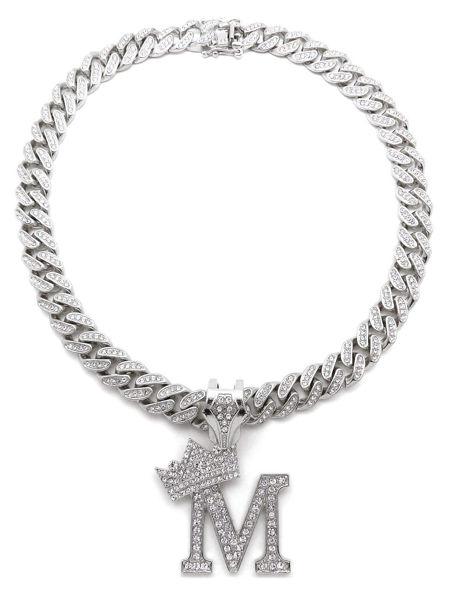 NYFASHION101 12mm Iced Out Miami Cuban Chain Necklace with Stone Stud Crowned Initial Pendant - Elegant Jewelry for Women, Perfect for Parties, Dating & Gifts