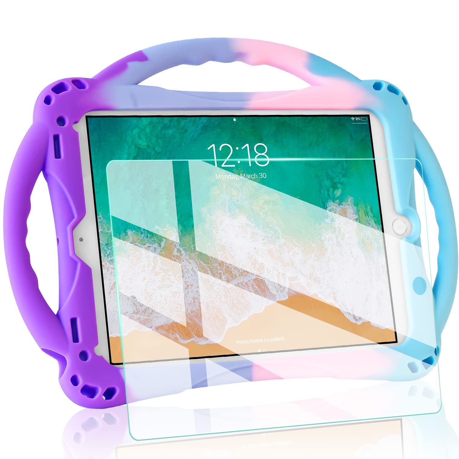 Shockproof Kids iPad Case for iPad 6th/5th Generation & iPad Air/Air 2 (9.7 Inch) - Durable Silicone Cover with Tempered Glass Screen Protector & Hand Strap - Perfect for School, Travel, and Home Learning