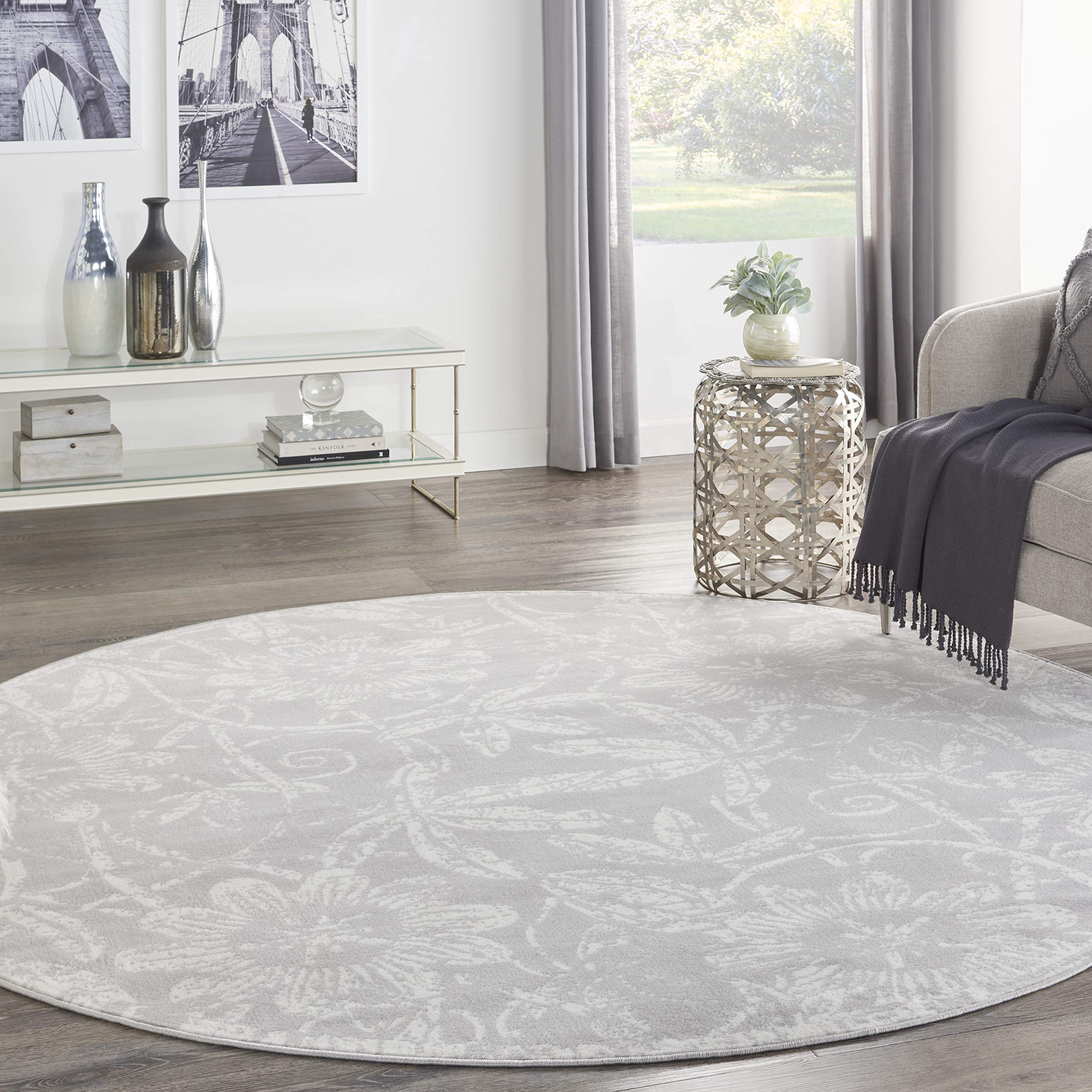 Nourison Whimsicle Floral Grey 8' Round Area Rug - Non-Shedding, Easy to Clean, Soft & Durable - Perfect for Bedroom, Living Room, Dining Room & Kitchen Decor (8ft Round)