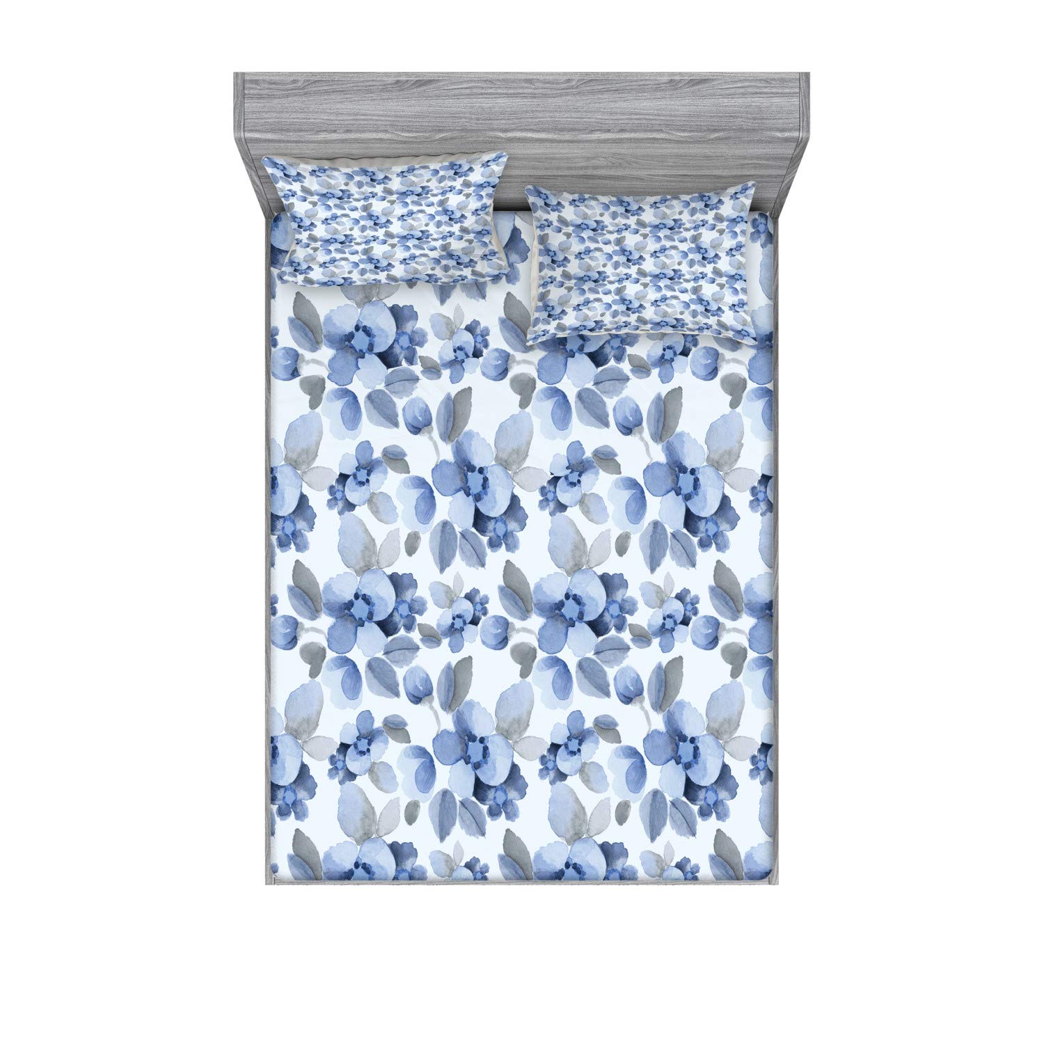 Ambesonne Shabby Floral Fitted Sheet & Pillow Sham Set - Watercolor Camellia Petals Feminine Print 3-Piece Bedding Set, Full Size, Blue | Romantic Bedroom Decor for Women, Boho Chic Home Decor, Perfect for Guest Rooms & Master Bedrooms