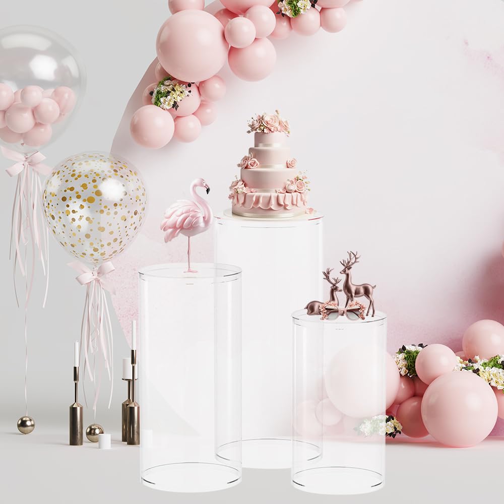 Maytopia 3-Piece Clear Cylinder Pedestal Stand Set - Round Acrylic Display Risers for Wedding Cakes, Bridal Showers, Birthday Parties & Home Decor | Perfect for Dessert Tables, Floral Arrangements & Event Centerpieces