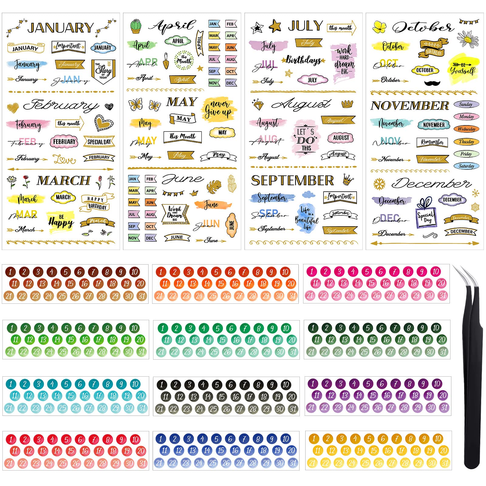 Eersida 16 Sheets Planner Stickers - 4 Monthly & 12 Round Colorful Date Tabs with Free Tweezer | Bullet Journal, Scrapbooking, DIY Calendar Organization