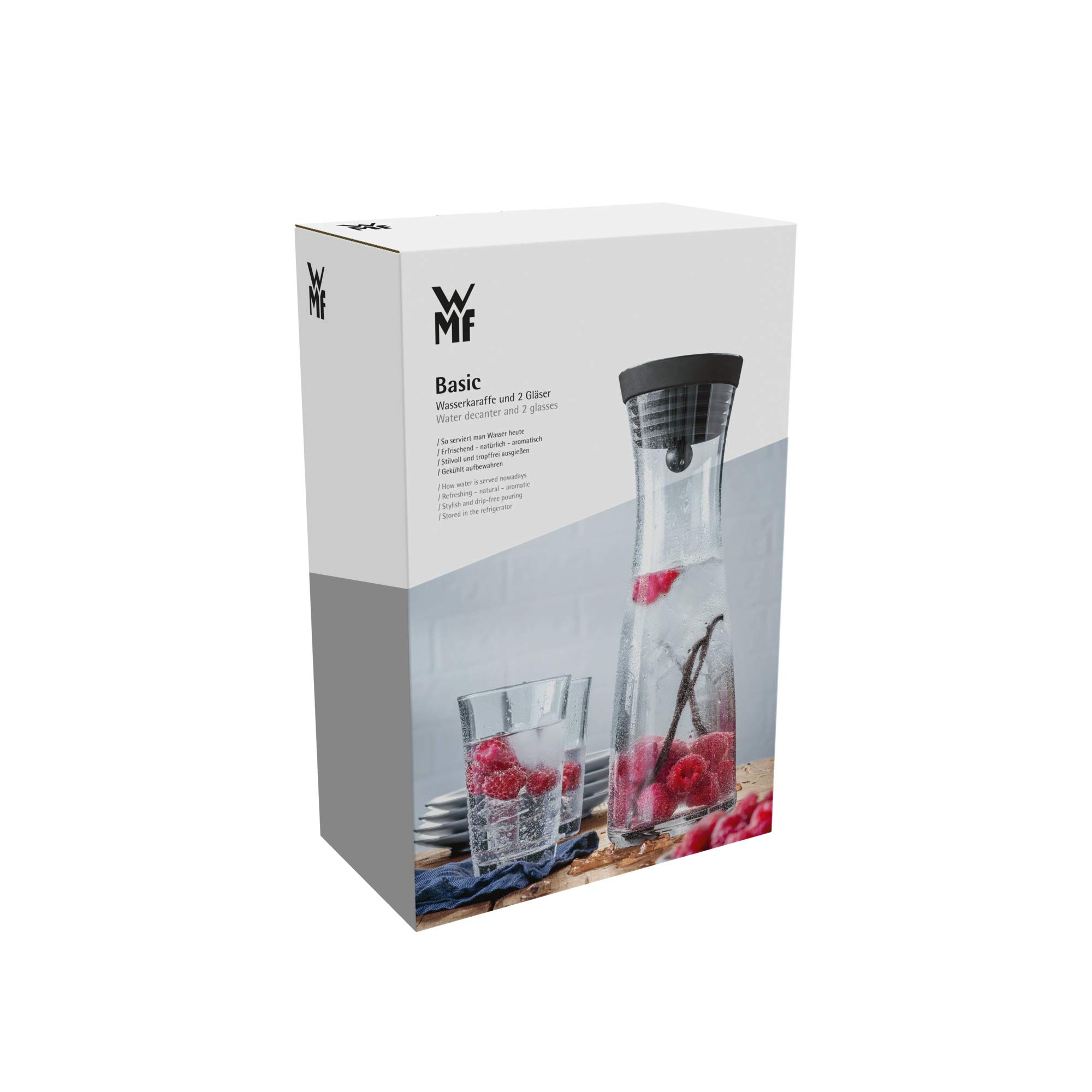 WMF Glass Water Carafe and Drinking Glasses Set, 25 Liter (3-Piece), Multi-Color - Perfect for Dining Table, Kitchen, and Party Beverage Serving