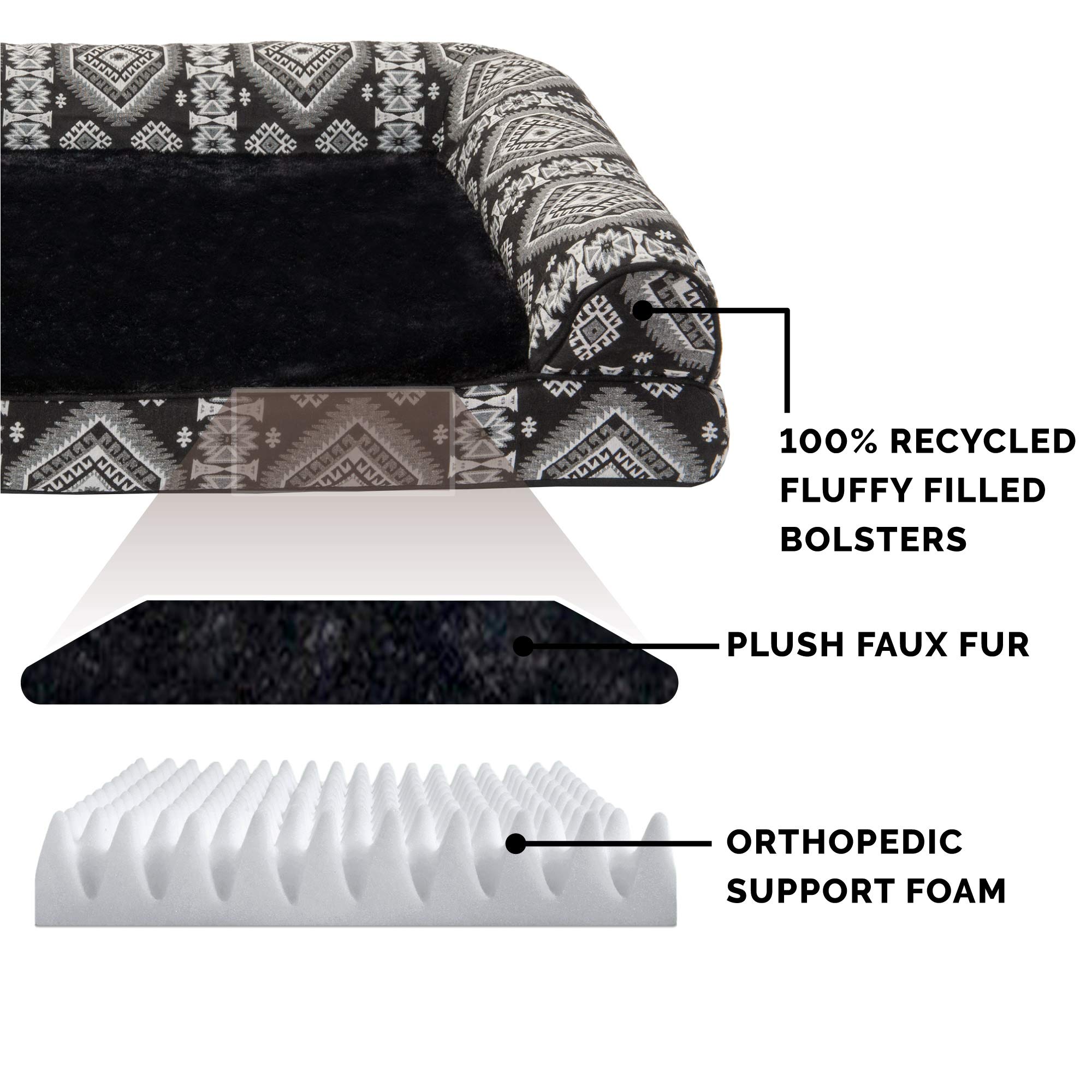 Furhaven Orthopedic Dog Bed for Small & Medium Dogs - Removable Bolsters & Washable Cover - Supports Up to 35 lbs - Plush Sofa Style with Southwest Kilim Woven Decor in Black Medallion - Perfect for Living Rooms, Bedrooms & Pet-Friendly Spaces