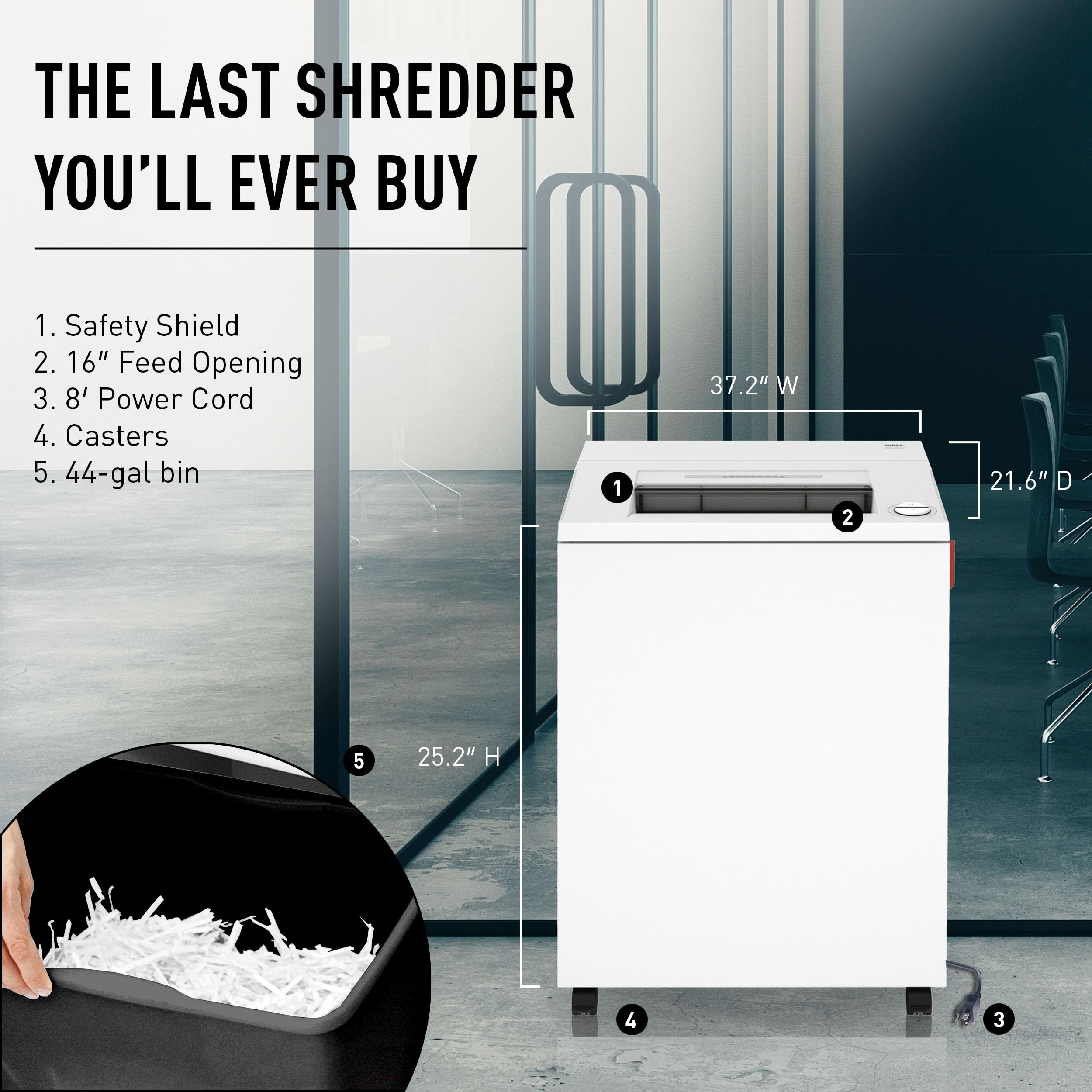 Ideal 4001 Cross Cut Paper Shredder - 13-16 Sheet Capacity, 44 Gallon Bin, P-5 Security Level for Office Use | Continuous Operation for Bulk Document Destruction | Perfect for Confidential Files, Tax Records & Daily Paper Recycling