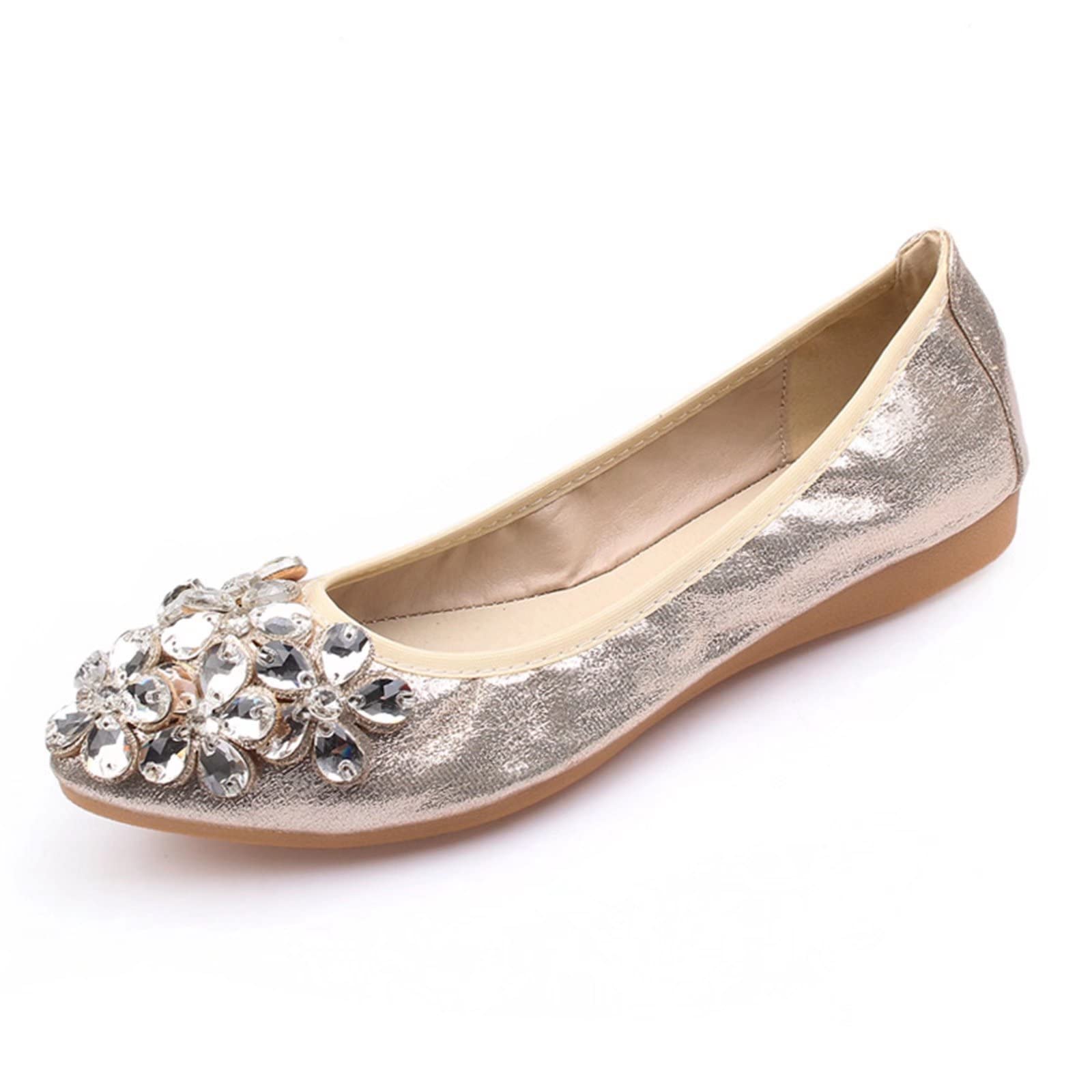 Defotoin Women's Foldable Soft Pointed Toe Ballet Flats with Rhinestones - Comfortable Slip-On Flat Shoes for Work, Travel & Casual Wear