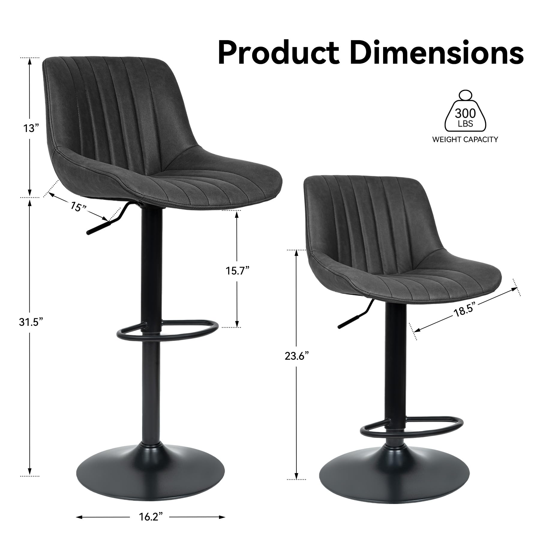 Modern Adjustable Swivel Bar Stools Set of 2 with Backs - Counter Height Kitchen Island Chairs with Performance Fabric - Perfect for Home Bar, Breakfast Nook & Dining Area - Black