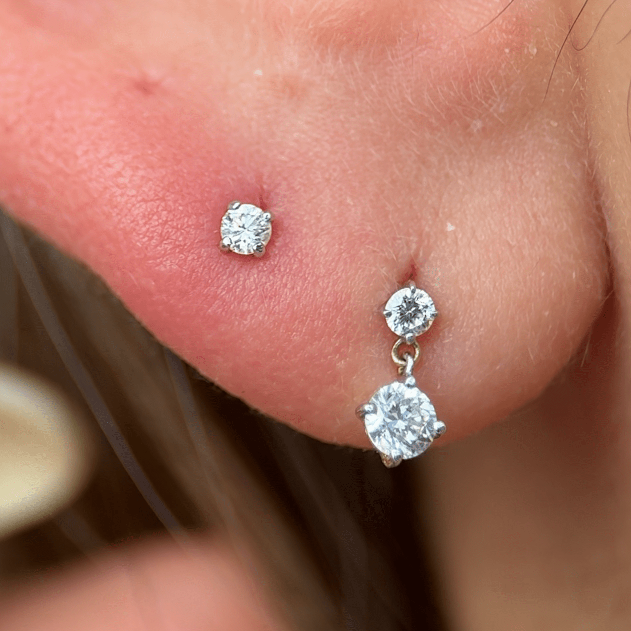 14K Yellow Gold Double Diamond Drop Flat Back Stud Earrings - Elegant & Dainty for Everyday Wear, Parties & Gifts