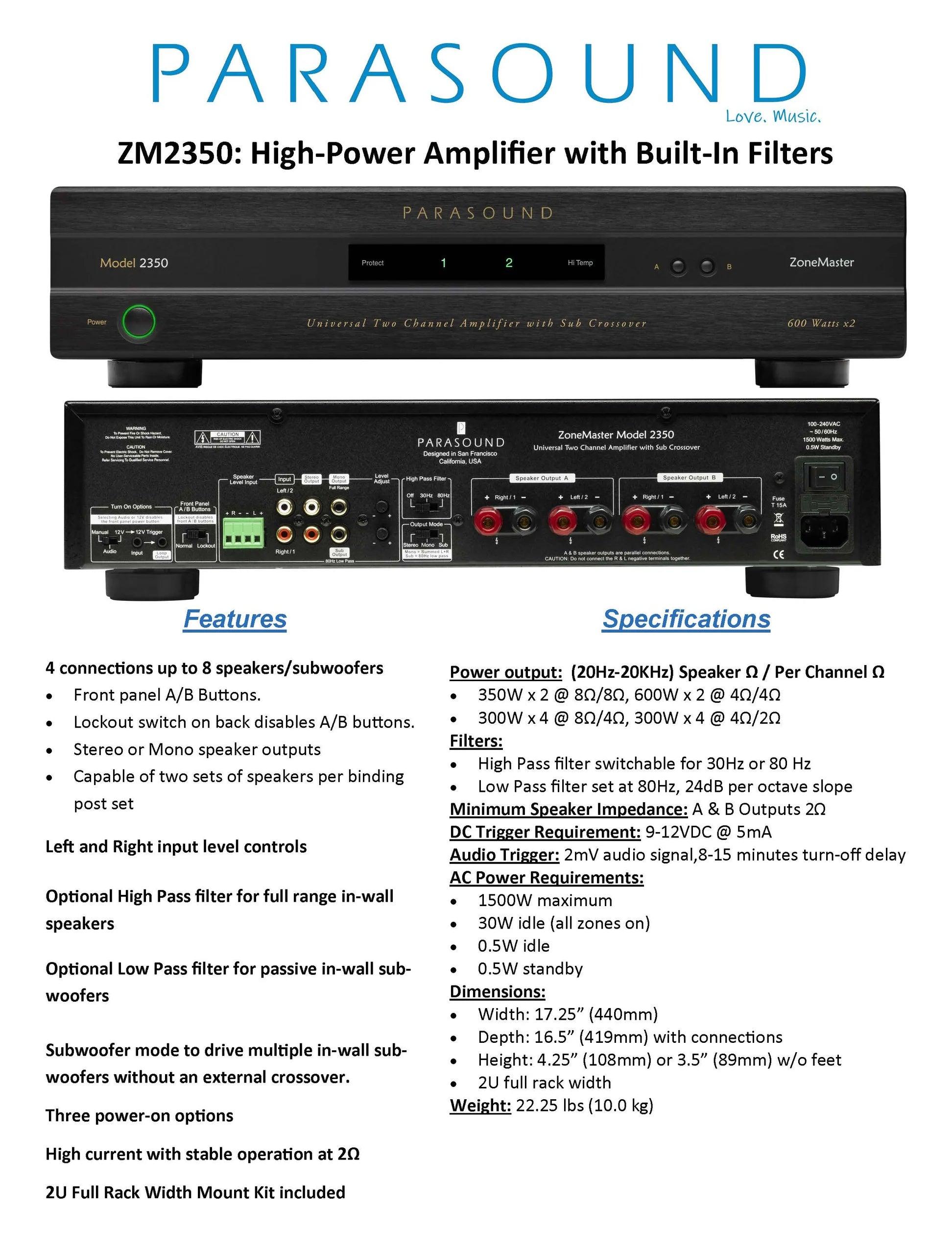 Parasound ZM2350 High-Performance Stereo Power Amplifier - 2 x 350W for Home Audio & Professional Studio Use