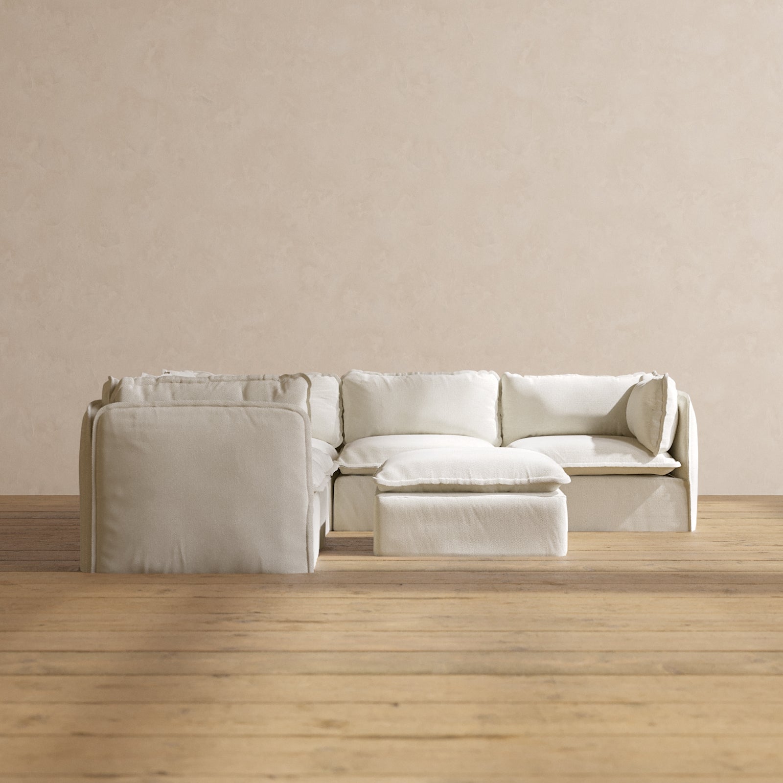 Modular Performance 5-Seater Corner Sectional Sofa with Ottoman in Eggshell White | Premium Fabric Blend | Perfect for Living Room, Family Room & Home Theater
