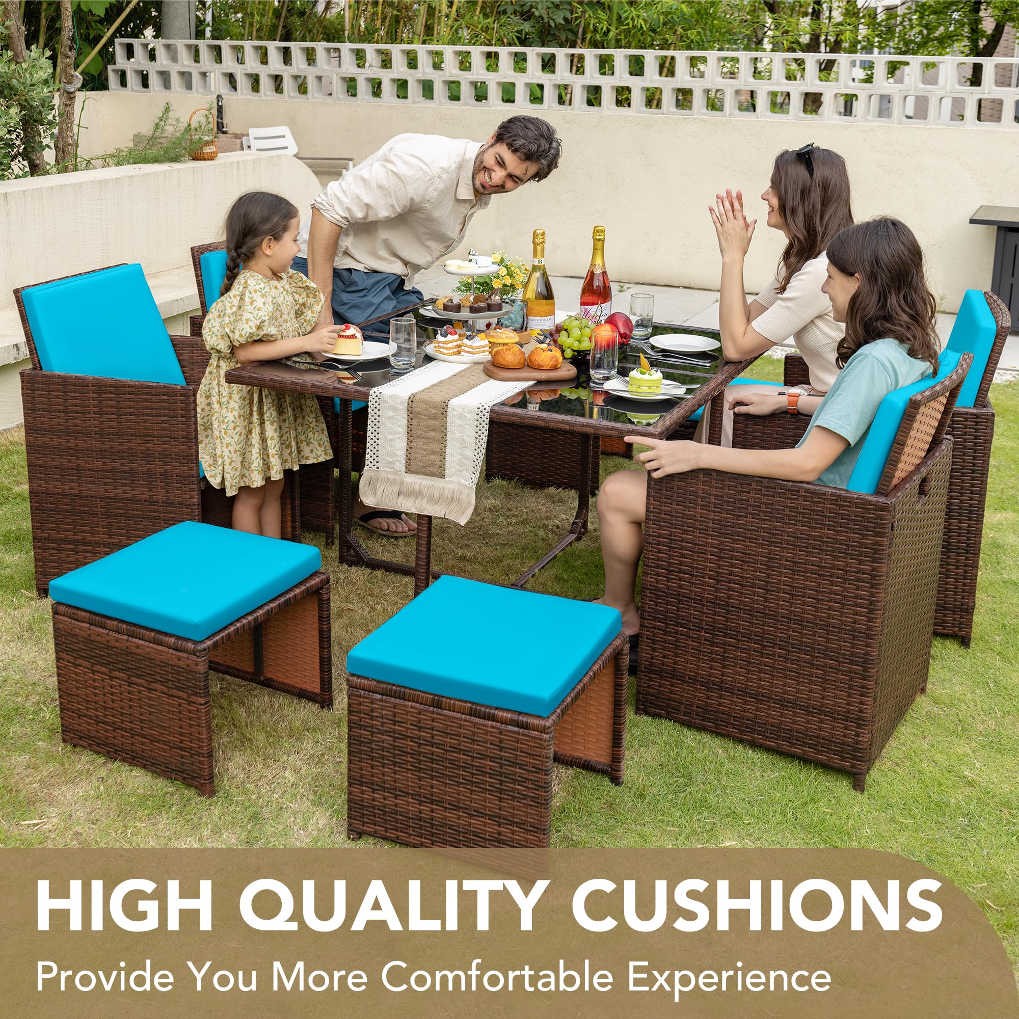 Devoko 9-Piece Outdoor Patio Dining Set - Space-Saving Rattan Chairs with Tempered Glass Table, Cushioned Seating & Back Sectional Conversation Set (Blue) - Perfect for Garden, Backyard, Balcony & Poolside Relaxation