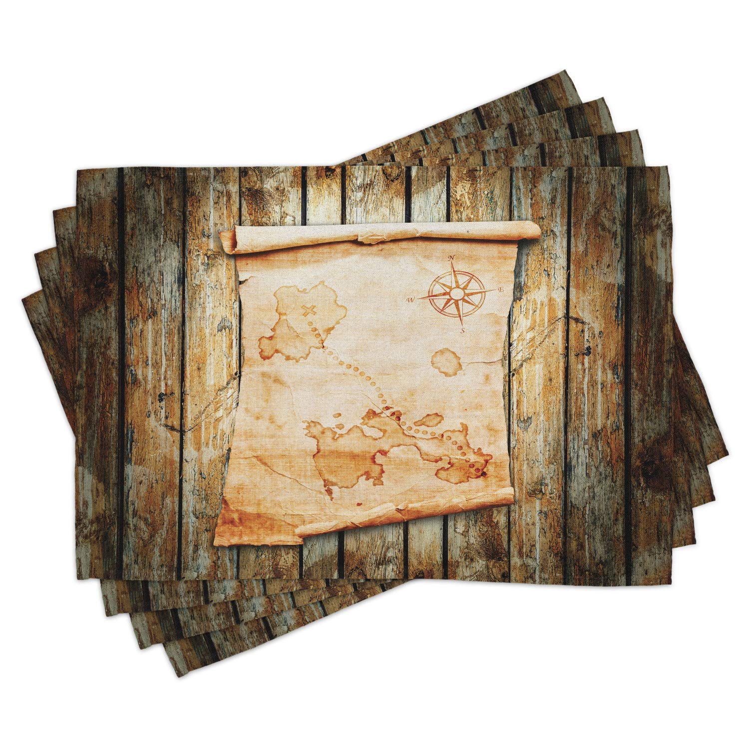 Ambesonne 4-Piece Island Map Placemats Set - Vintage Treasure Map Design on Rustic Wood Texture, Pirate & Nautical Theme - Washable Fabric Table Mats for Dining Room Decor - Standard Size (Cream & Brown) - Perfect for Themed Parties, Coastal Home Decor, and Pirate Lovers