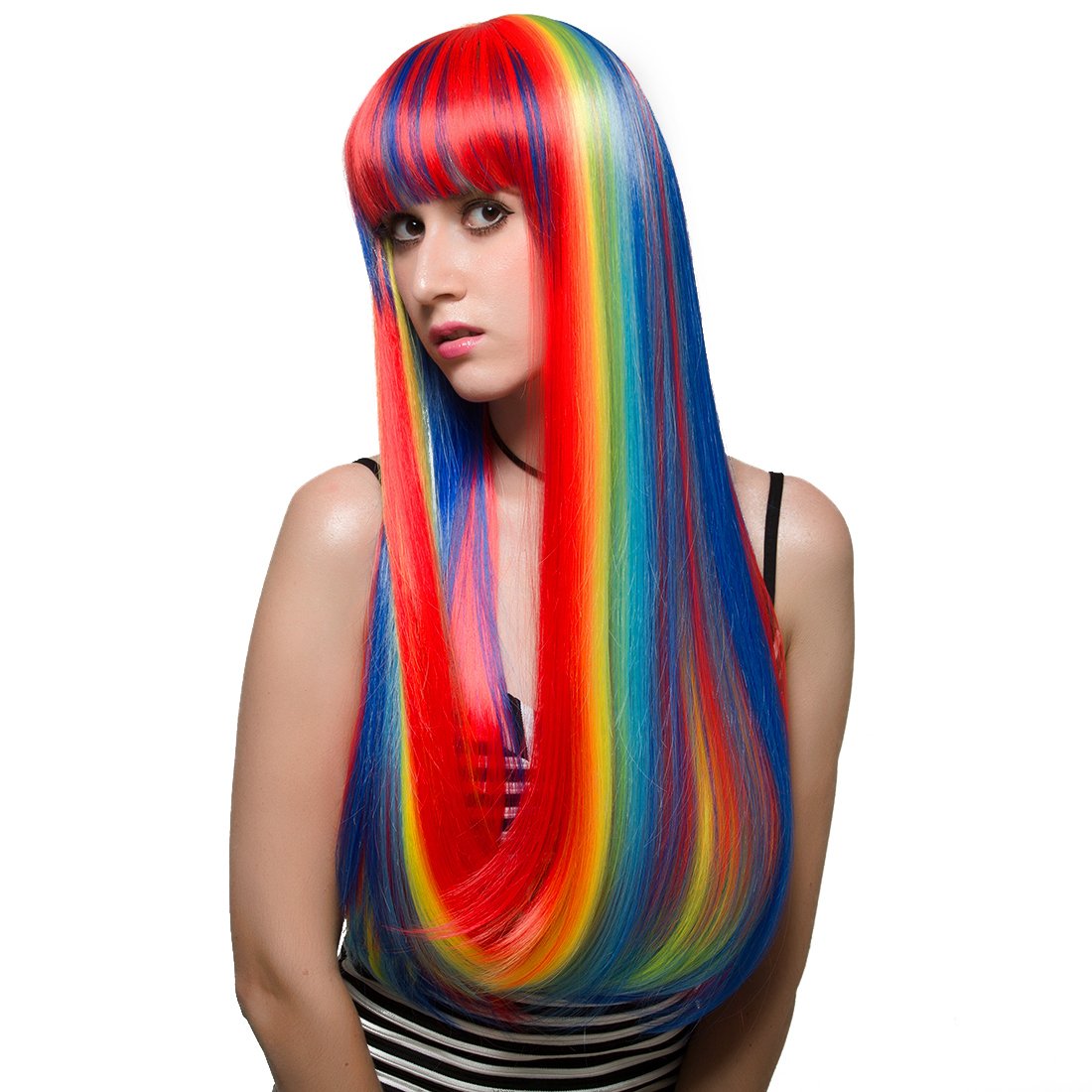 Rainbow Straight Wig with Bangs - Multi Color Heat Resistant Synthetic Wig for Girls | Cosplay, Music Festival, Halloween Costume, Party & Costume Events