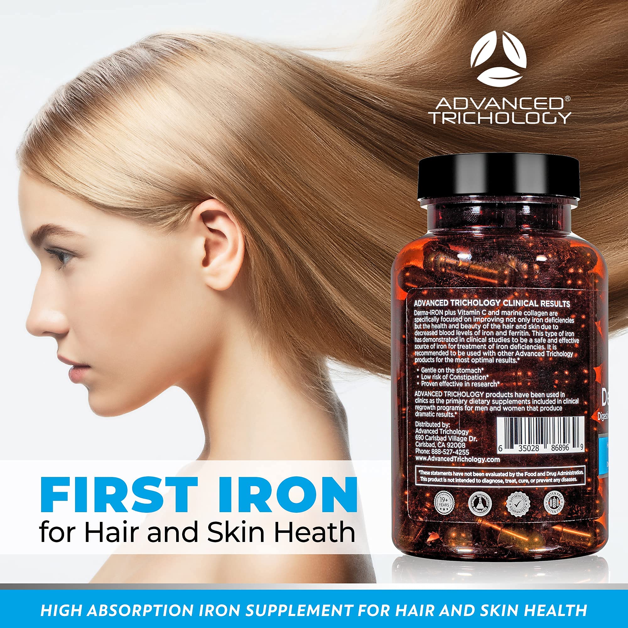 Premium Iron Supplement for Hair Growth & Skin Health - Derma-Iron Complex with Collagen & Vitamin C for Women & Men - Supports Low Iron, Ferritin Levels & Thinning Hair - Ideal for Hair Loss Treatment & Beauty Regimen
