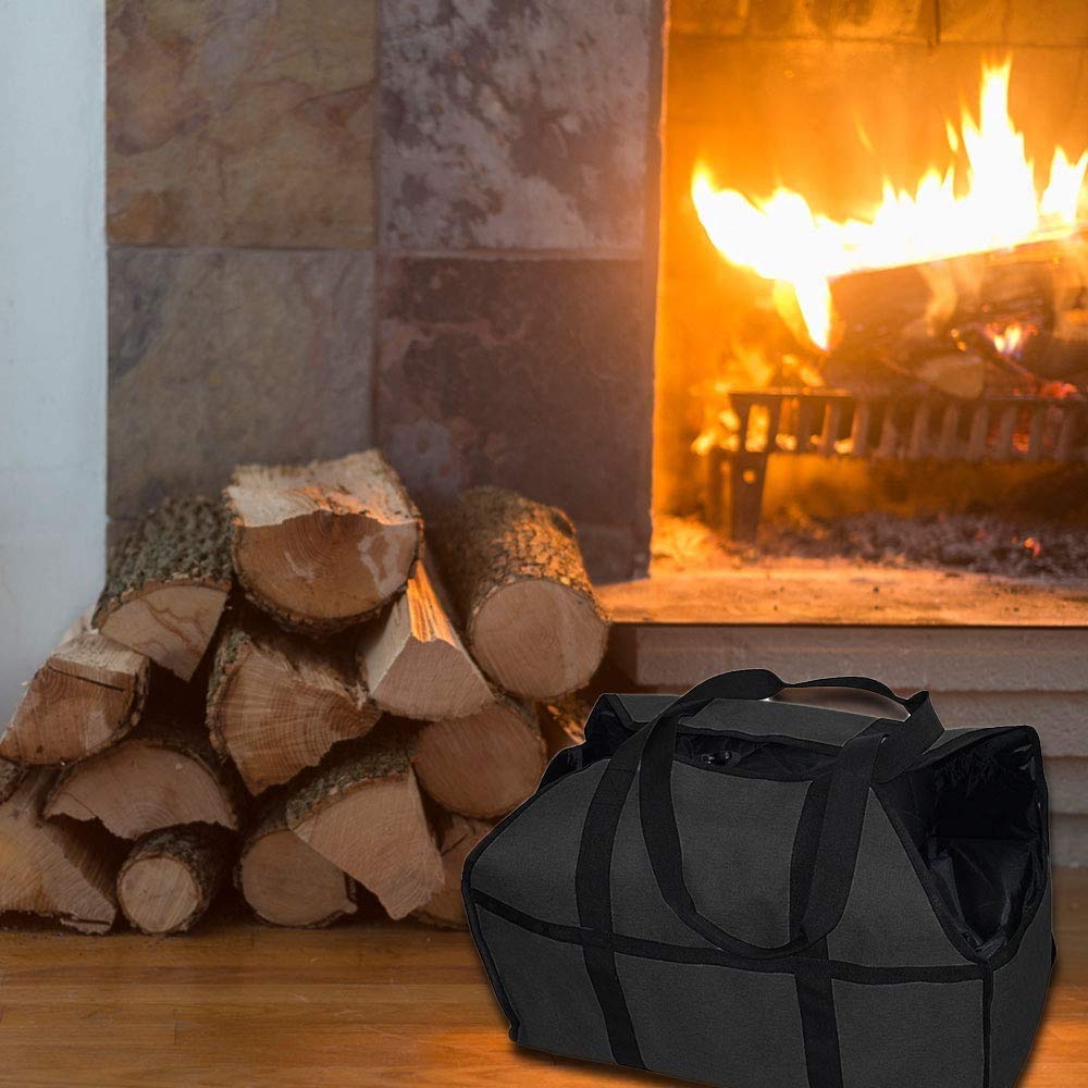 Heavy Duty Canvas Firewood Log Carrier Tote Bag with Durable Handle - Fireplace Wood Holder for Camping, Fireplace & Wood Stove Accessories - Perfect for Outdoor Adventures & Cozy Home Fires (Black)