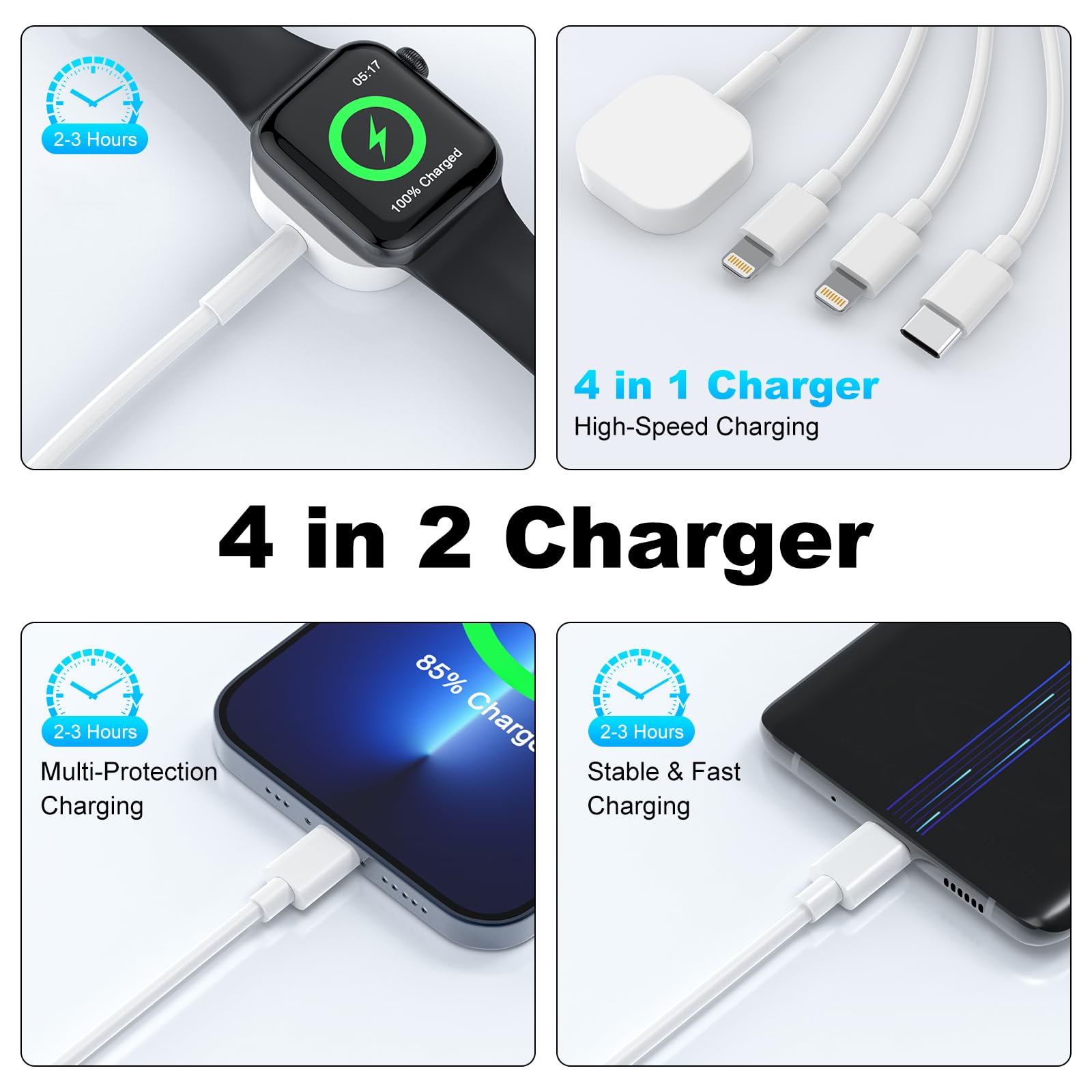 4-in-1 USB C Fast Charging Cable for Apple Watch Series 3/4/5/6/7/8/SE/Ultra, iPhone & AirPods - 6FT/1.8M Portable Wireless Charger Cord - Perfect for Travel, Office & Home Use