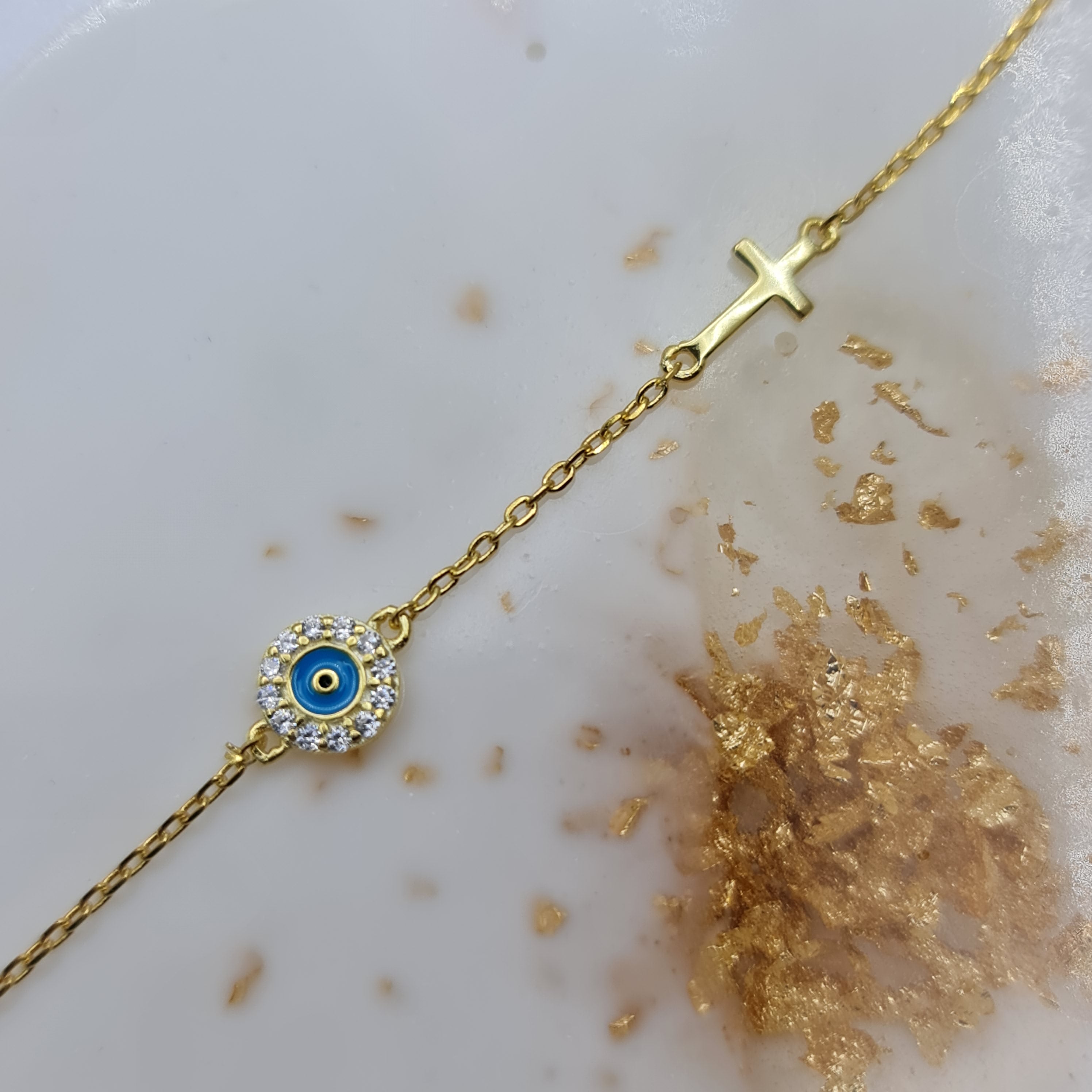 Evil Eye and Cross CZ Bracelet in Gold for Women - Protection Jewelry for Good Luck & Positive Energy - Perfect for Gifts, Daily Wear & Spiritual Healing