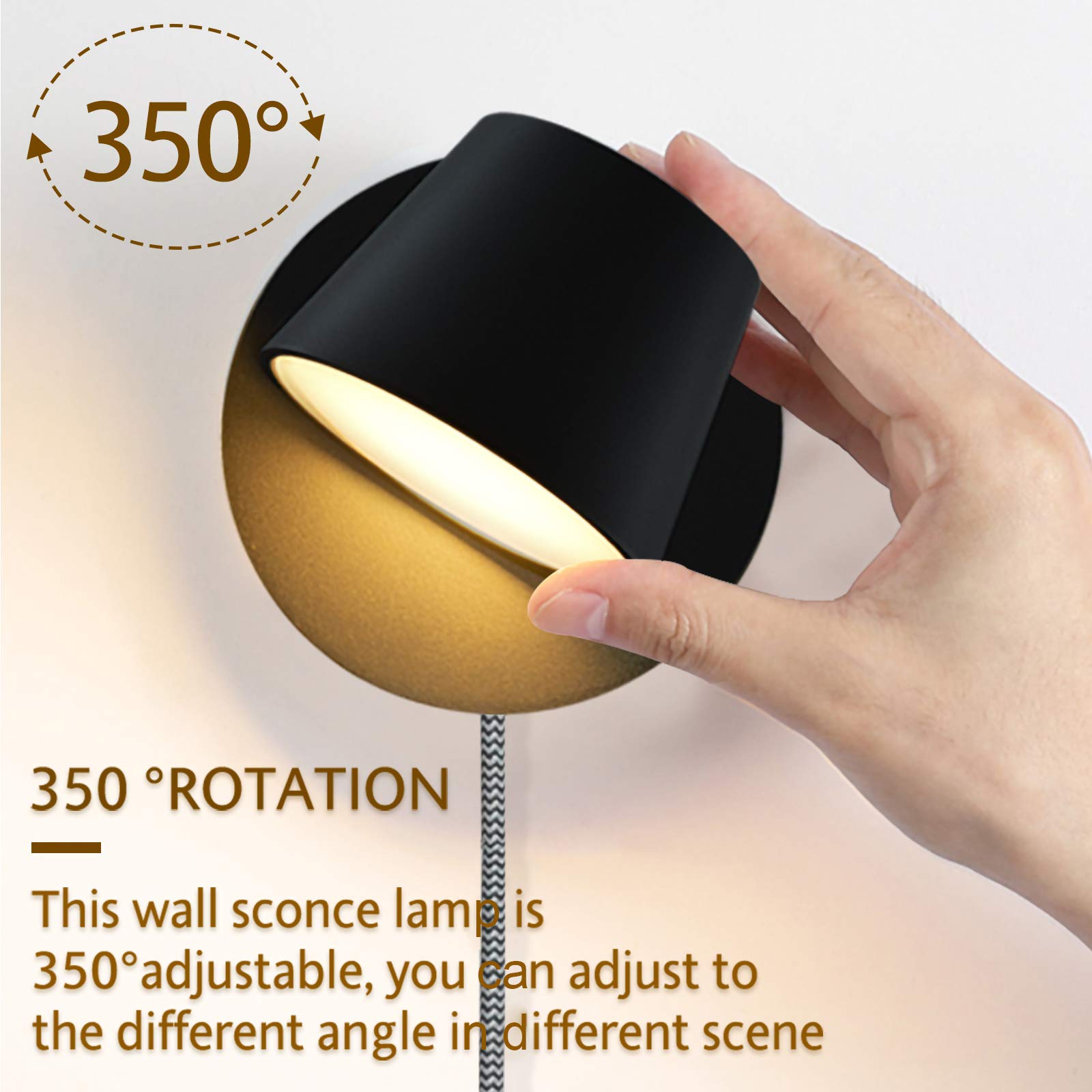 Rotatable Plug-in LED Wall Lamp with Switch - Black Sconce for Bedroom & Living Room | Reading & Ambient Lighting