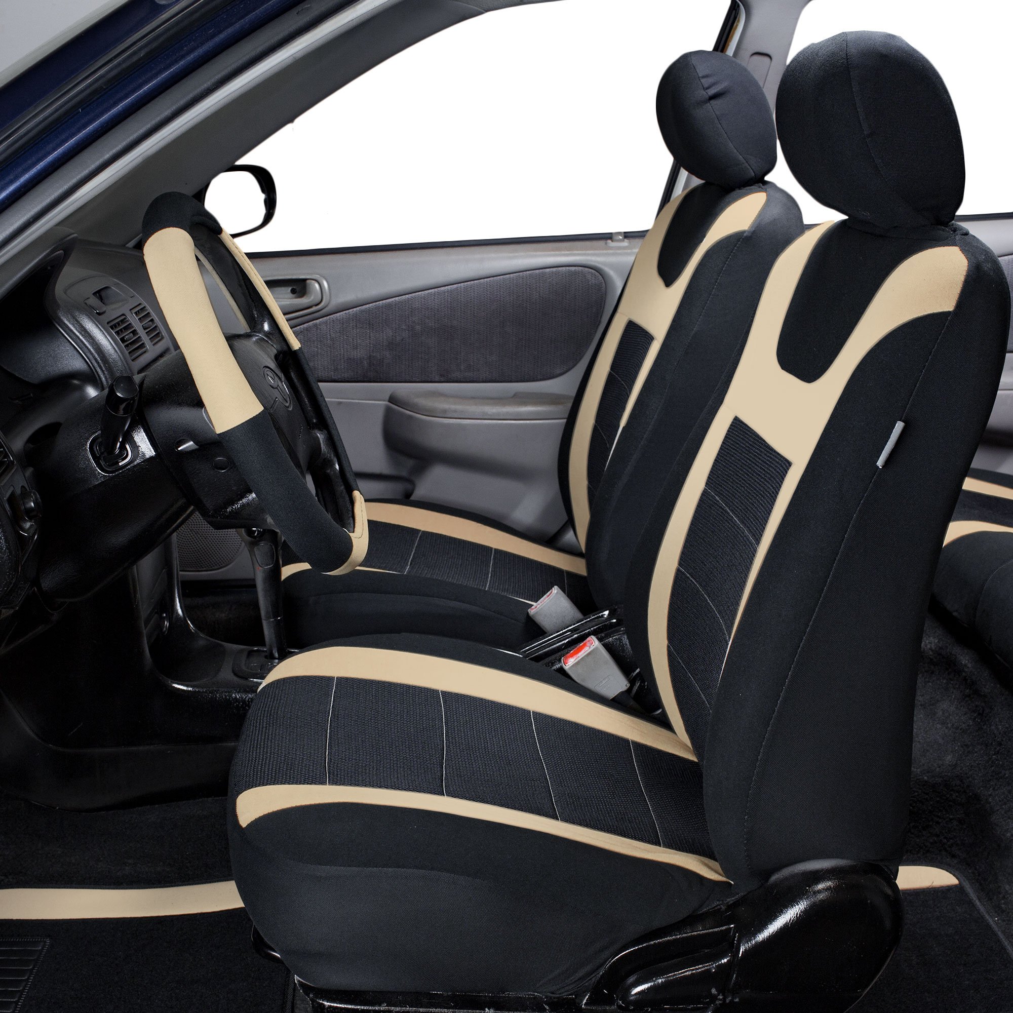 FH Group Universal Fit Beige Sports Full Set Car Seat Covers - Compatible with Airbag & Split Rear Seats | Interior Accessories for Cars, Trucks & SUVs | Perfect for Daily Commute, Road Trips & Vehicle Protection
