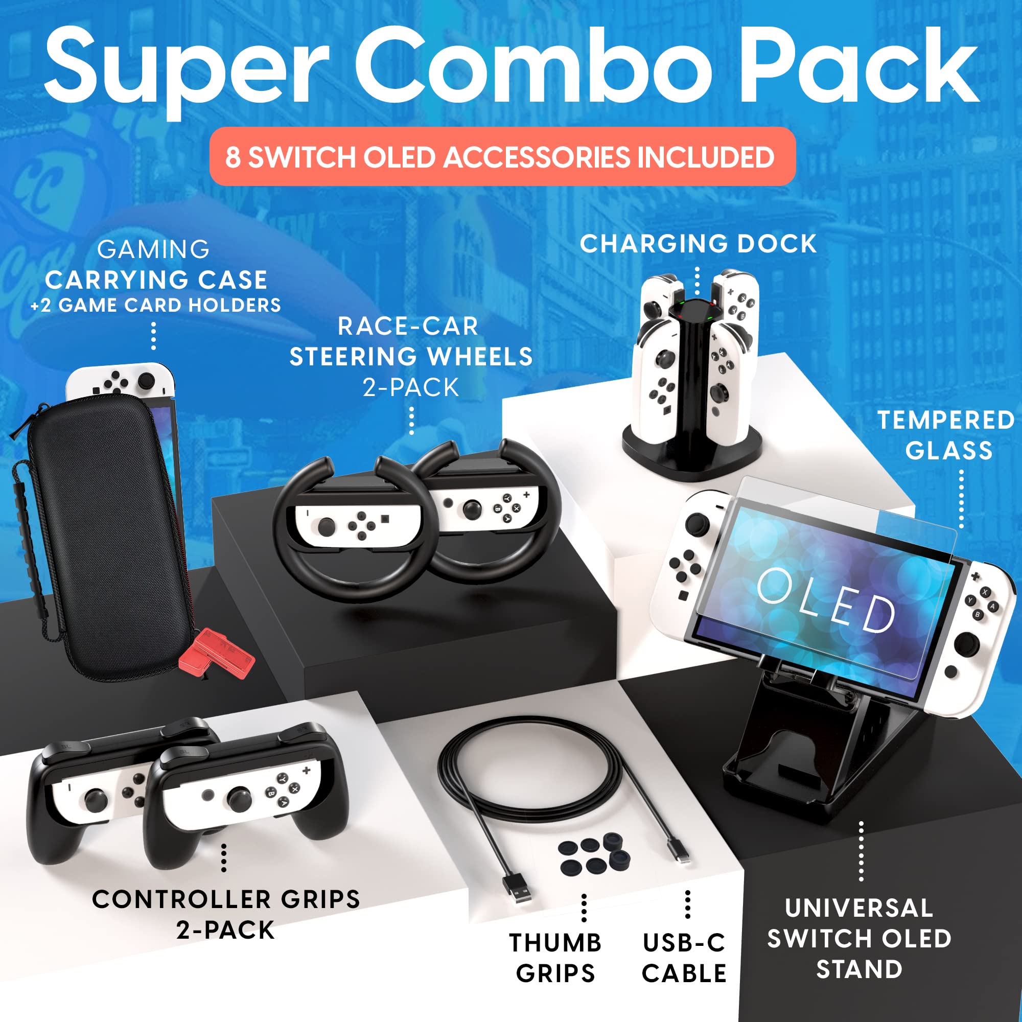 TalkWorks Super Combo Pack for Nintendo Switch OLED - 2 Grips, 2 Wheel Controller Grips, 2 Game Card Holders, 1 Charging Dock, Thumb Grips, USB-C Cable, Universal Stand & Screen Protector | Perfect for Gaming on the Go, Travel & Multiplayer Sessions