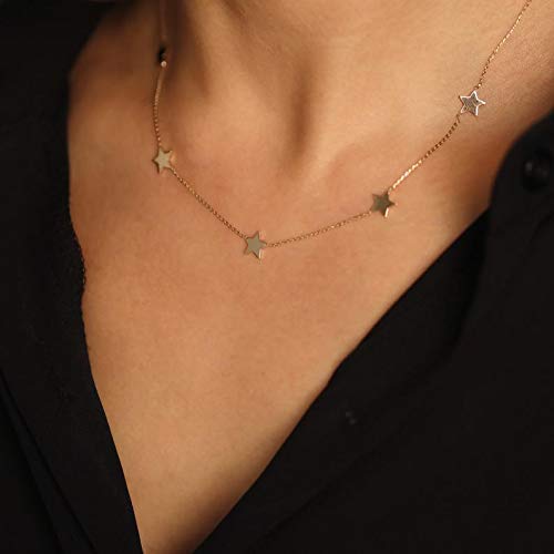 14k Gold Star Charm Necklace for Women - 5 Star Pendant Choker, Layering Necklace for Everyday Wear, Gift for Her, Birthday, Anniversary, Valentine's Day