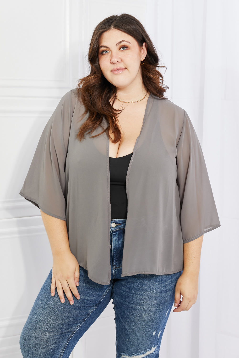 Melody Just Breathe Full Size Grey Chiffon Kimono Robe - Lightweight Cover Up for Beach, Bridal Party & Loungewear