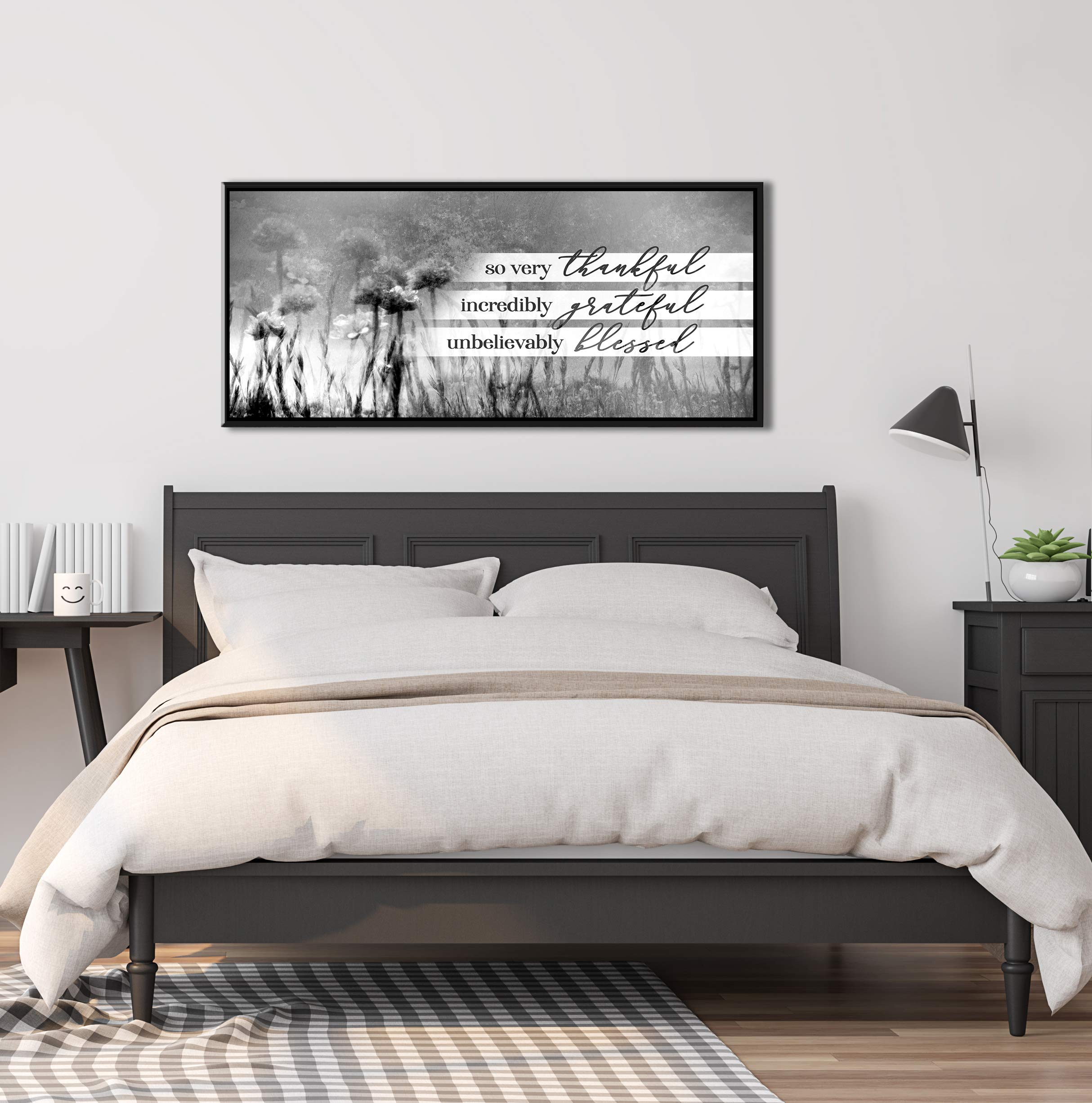 Rustic Dandelion Wall Art Canvas - So Very Thankful Blessed Religious Nature Decor with Black Floating Frame (60x27 Inches, Grey) - Perfect for Farmhouse, Bedroom, Living Room & Office Decor