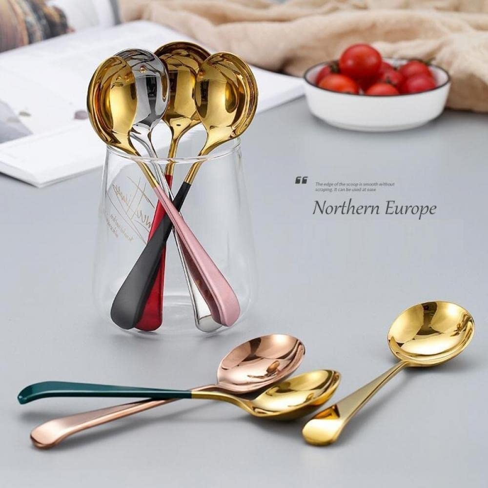 Leeonz 5-Pack Round Colorful Handle 304 Stainless Steel Soup Spoons - Elegant Dinner Spoons for Rice, Dessert & Coffee, Durable Kitchen & Tableware for Home, Restaurant & Cafe Use