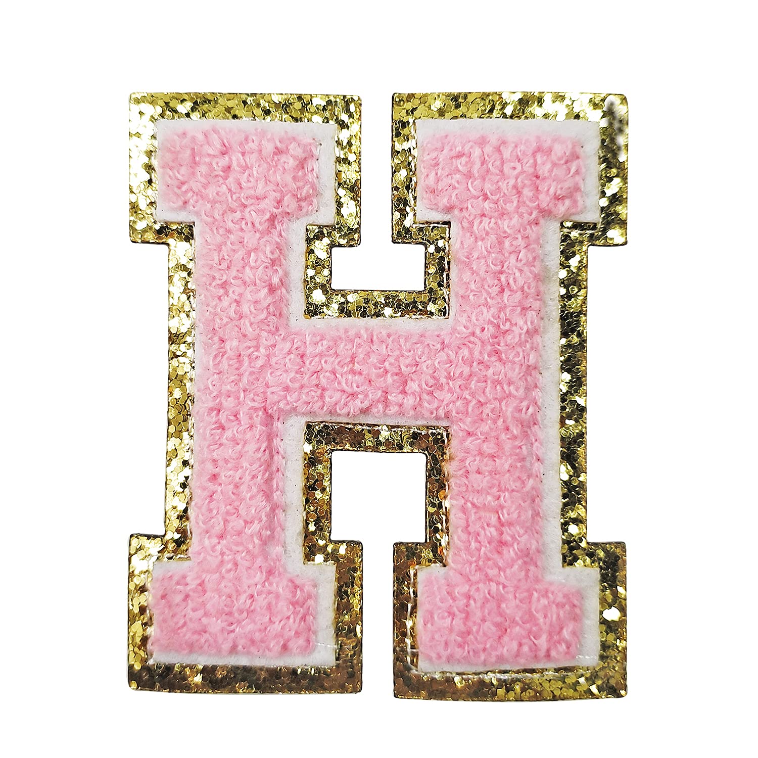 3 PCS Gold Glitter & Pink Chenille Iron-On Letter Patches - Varsity Initial Patches for Team Costumes, Jackets & Bags (3.1in Height) | DIY Clothing Decoration & Personalized Gift Idea