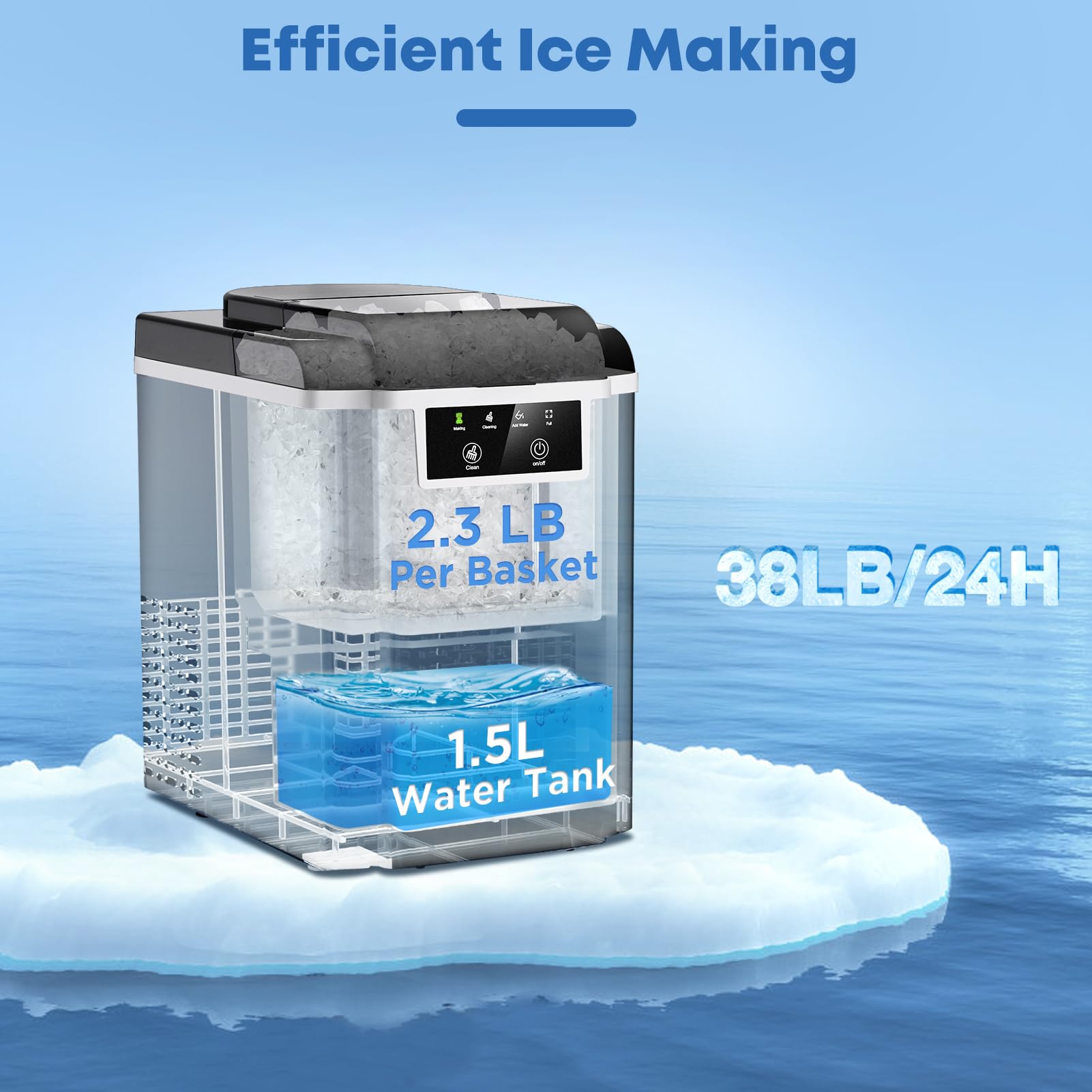 Portable Nugget Ice Maker Countertop - 38LBS/Day Pellet Ice Machine with Self-Cleaning Function, Stainless Steel Chewable Ice Maker for Home, Kitchen, Office, Bar, and Party Use