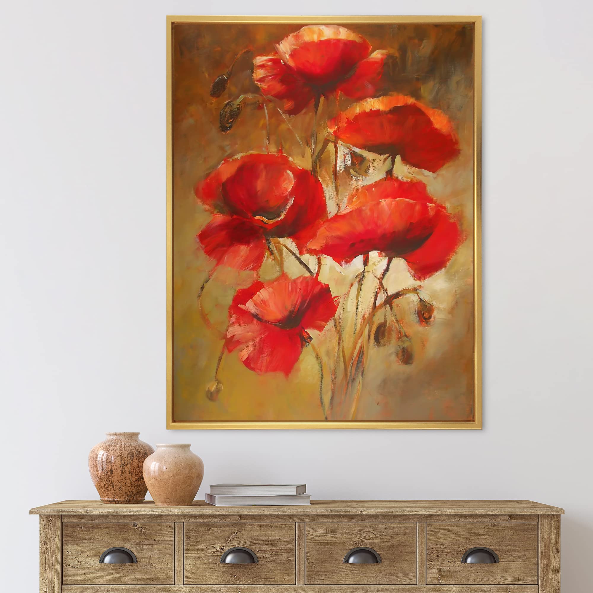 DesignQ Red Blossoming Poppies IV - Traditional Framed Canvas Wall Art Print - Perfect for Living Room, Bedroom & Office Decor